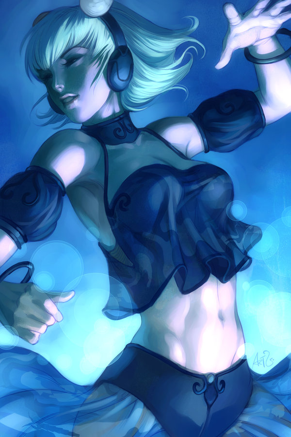 stanley lau, original, armpits, blonde hair, bracelet, breasts, camisole, crop top, dancing, detached sleeves, headphones, jewelry, midriff, short hair, solo