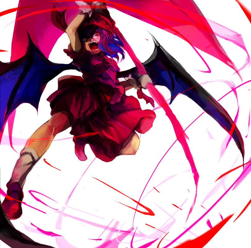 toriko (hatoriko), remilia scarlet, touhou, 1girl, bat wings, blue hair, female focus, gungnir (weapon), holding, holding weapon, looking at viewer, open mouth, polearm, red eyes, solo, spear, spear the gungnir, weapon, wings