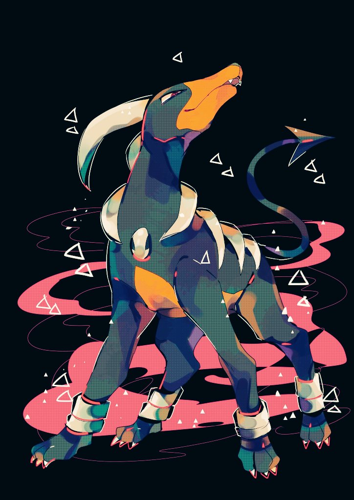 uraura8yama, houndoom, nintendo, pokemon, animal focus, animal hands, black background, black fur, claws, demon tail, dog, fangs, full body, gen 2 pokemon, horns, looking at viewer, no humans, orange fur, pokemon (creature), pokemon focus, red eyes, simple background, solo, standing, tail