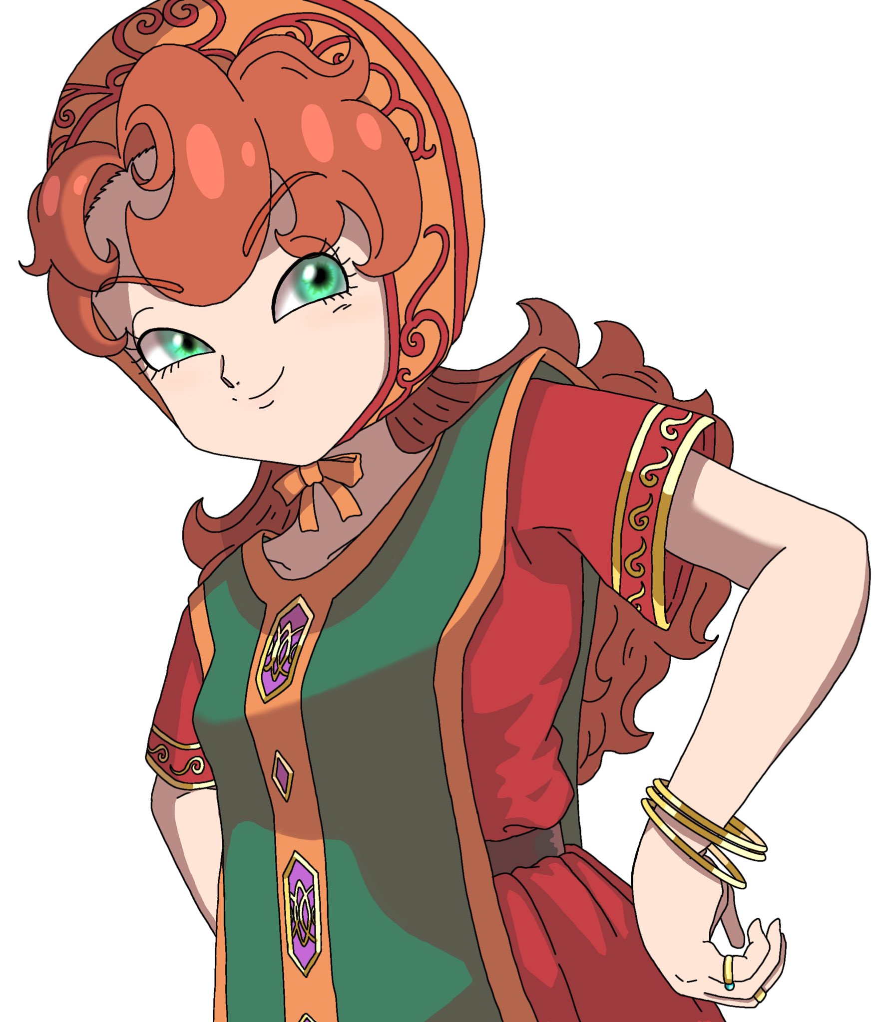 maribel (dq7), dragon quest, dragon quest vii, highres, 1girl, closed mouth, collarbone, curly hair, dress, green eyes, hood, jewelry, long hair, looking at viewer, orange hair, ring, simple background, sinfonianobilis, smile, solo, white background