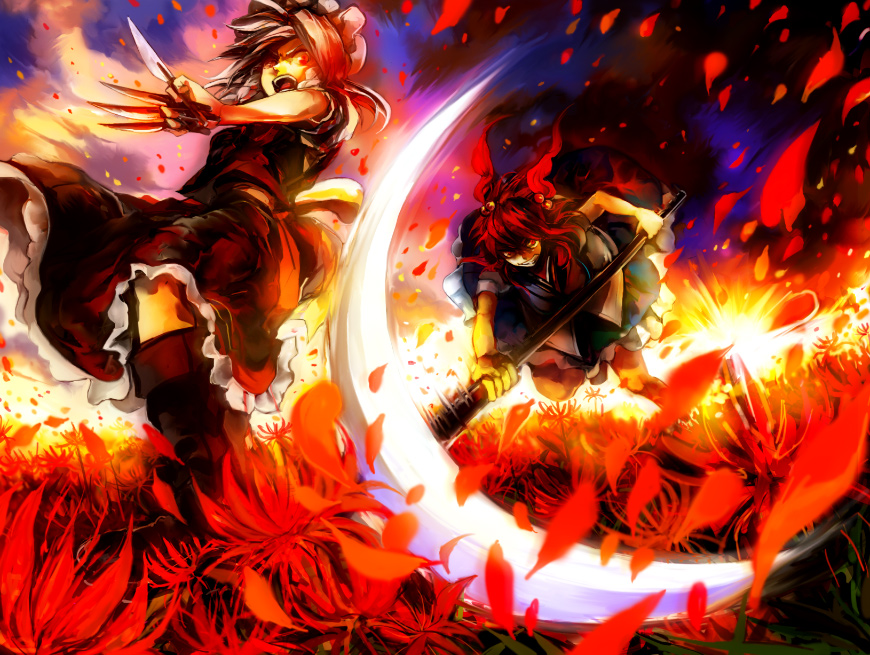 toriko (hatoriko), izayoi sakuya, onozuka komachi, touhou, 2girls, battle, between fingers, female focus, flower, holding, knife, multiple girls, petals, red eyes, red flower, scythe, spider lily, thighhighs, throwing knife, weapon