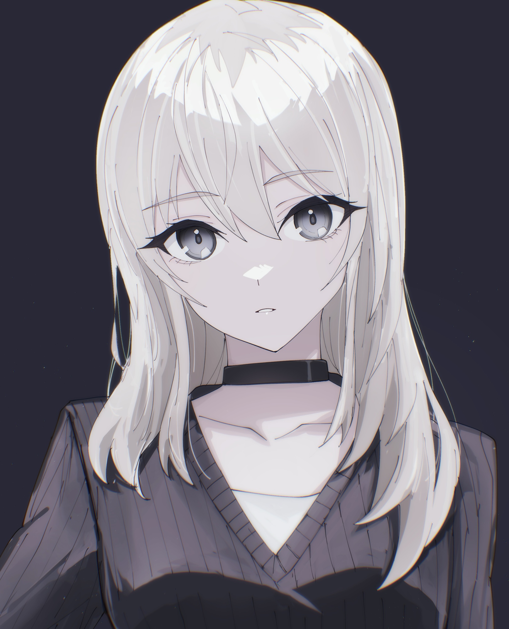n nai nai n, kawaragi momoka, girls band cry, highres, 1girl, black background, black choker, black sweater, choker, collarbone, grey eyes, grey hair, hair between eyes, light particles, long hair, looking at viewer, multicolored hair, open mouth, roots (hair), solo, sweater