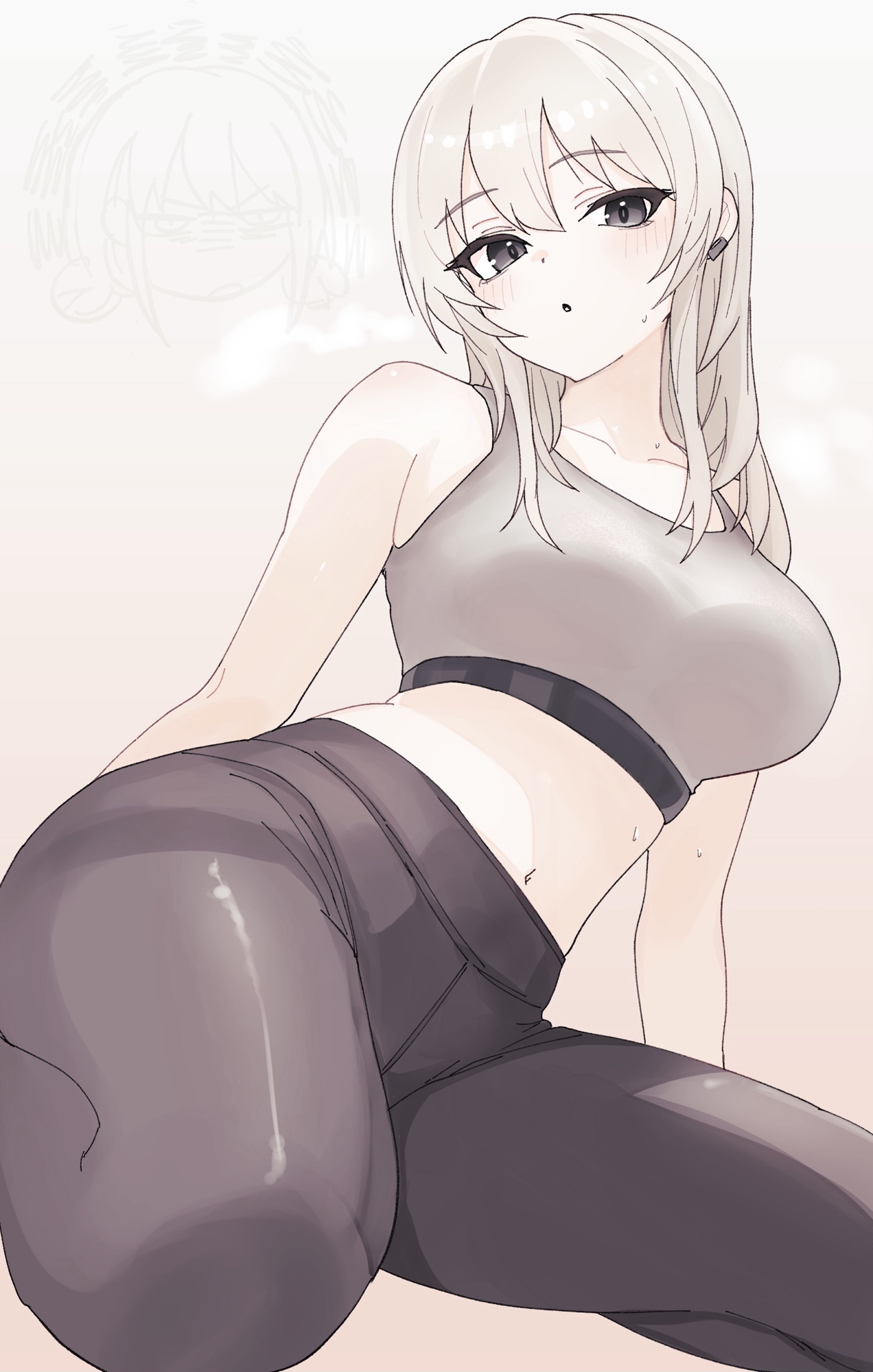 n nai nai n, iseri nina, kawaragi momoka, girls band cry, highres, 2girls, black pantyhose, blush, bra, breasts, earclip, grey bra, grey eyes, grey hair, hair between eyes, large breasts, long hair, looking at viewer, midriff, multiple girls, navel, open mouth, panties, panties under pantyhose, pantyhose, sweat, underwear