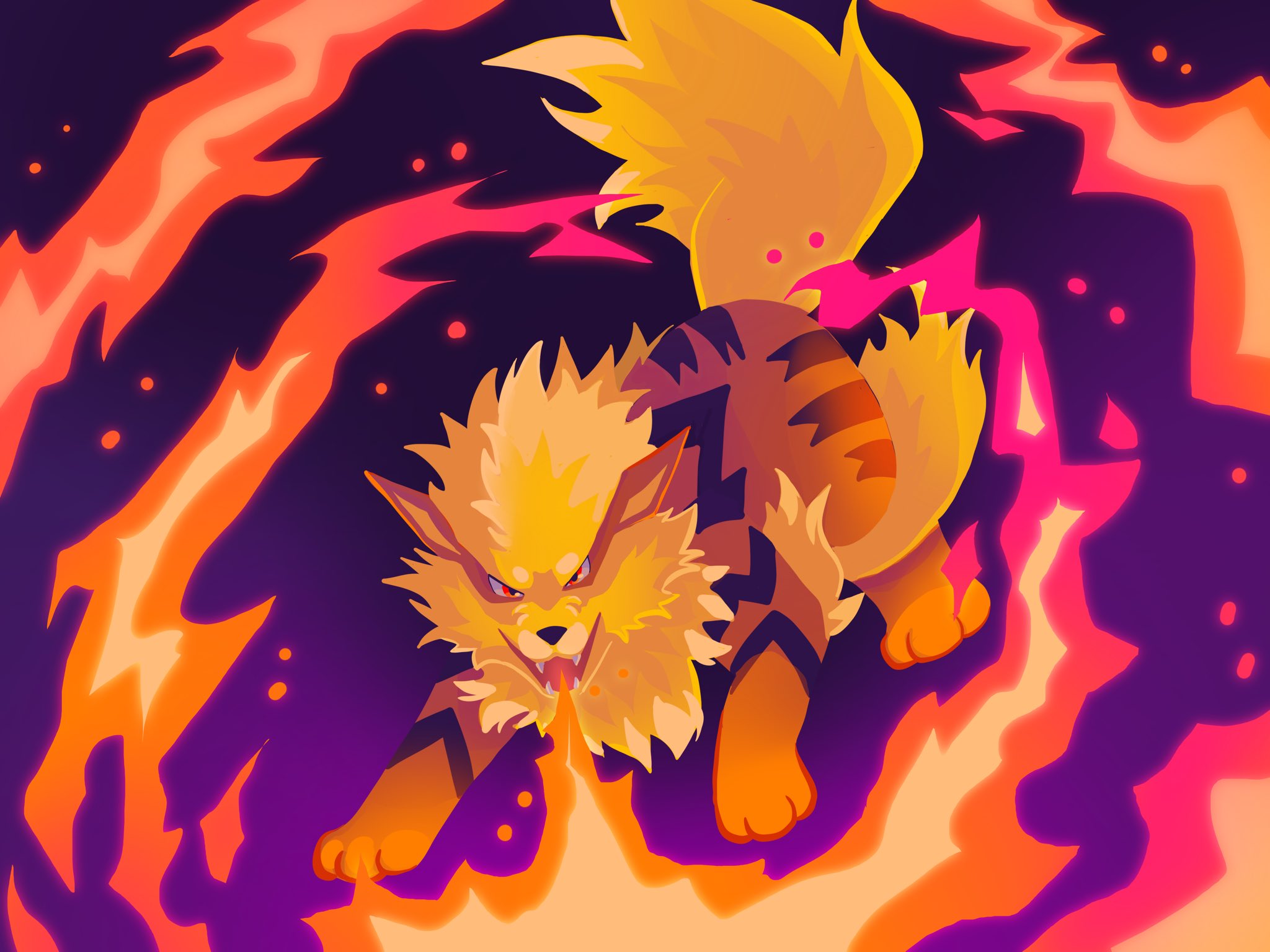 kuroosawaa, arcanine, nintendo, pokemon, highres, animal focus, breath weapon, breathing fire, fangs, fangs out, fire, full body, gen 1 pokemon, no humans, open mouth, orange fur, pokemon (creature), pokemon focus, solo, tail