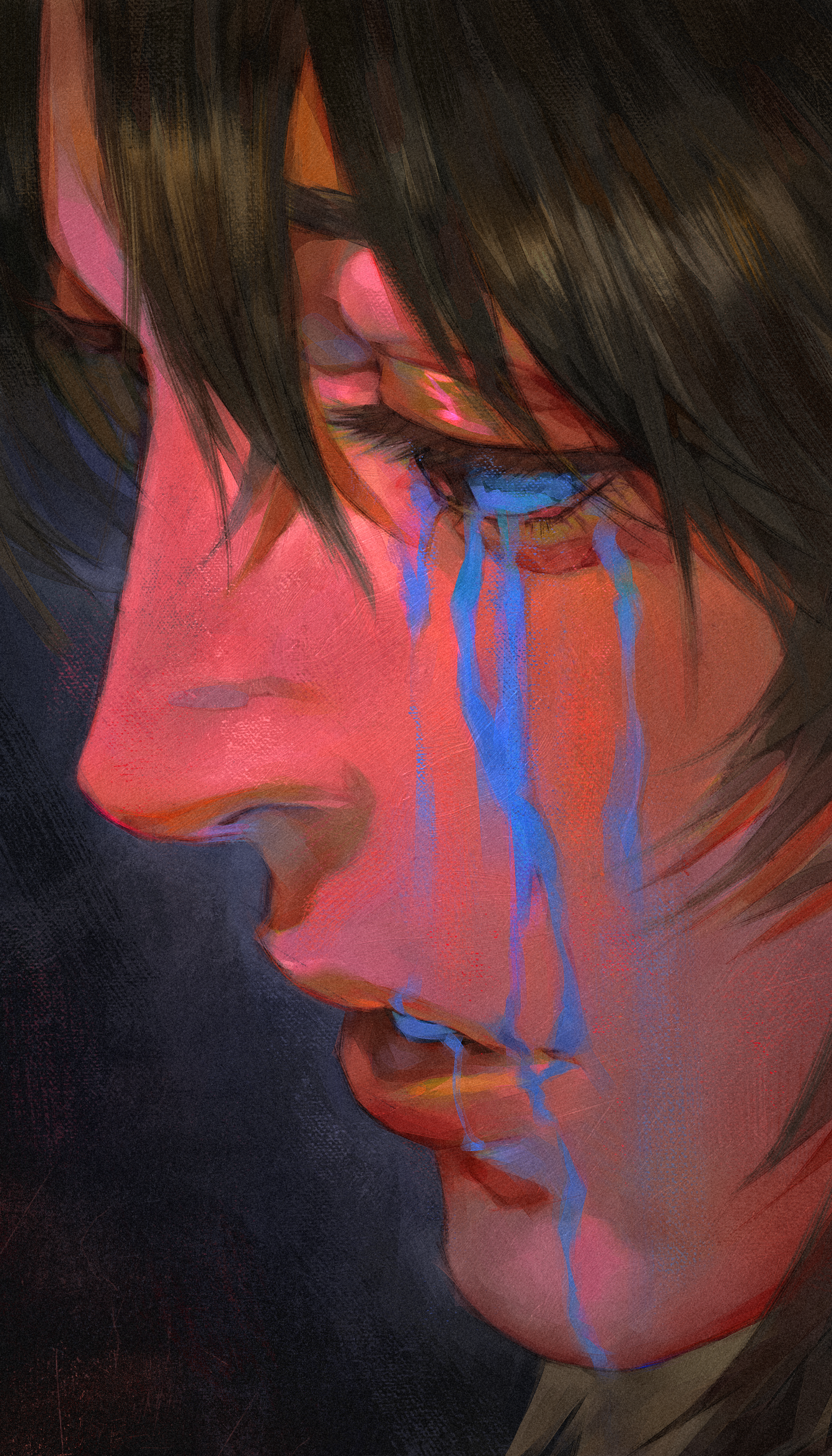 hxgn 909, anya (mouthwashing), mouthwashing, absurdres, commentary, english commentary, highres, 1girl, brown hair, crying, long hair, parted lips, solo, streaming tears, tears