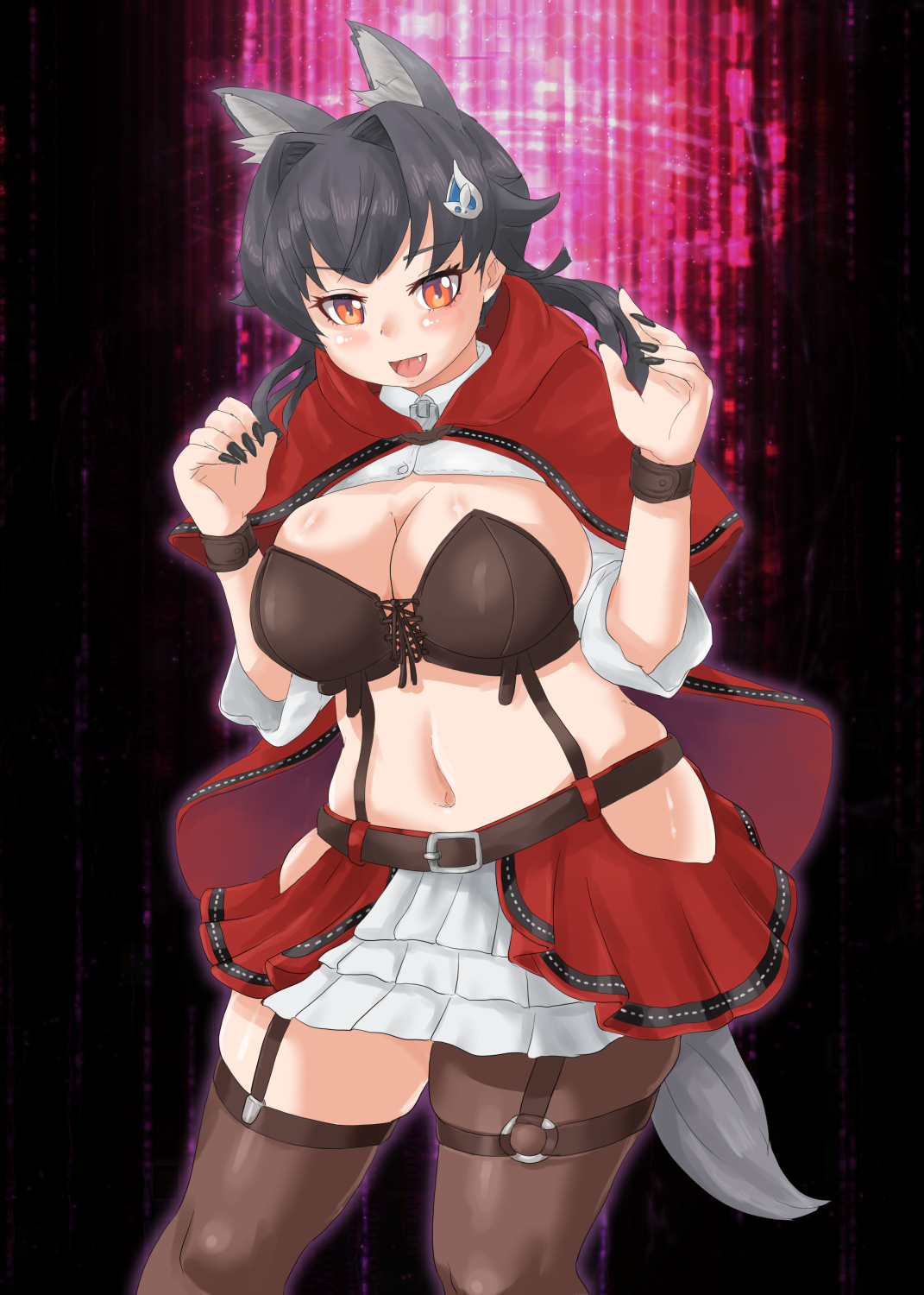 bobabo, jingei (kancolle), jingei kai (halloween) (kancolle), little red riding hood (fairy tale character), kantai collection, highres, 1girl, animal costume, animal ears, black hair, black pantyhose, black thighhighs, breasts, capelet, clothing cutout, cosplay, garter straps, hair ornament, halloween costume, hip vent, hood, hood down, hooded capelet, large breasts, legwear garter, little red riding hood (fairy tale character) (cosplay), long hair, looking at viewer, miniskirt, navel, official alternate costume, pantyhose, plump, red capelet, red eyes, red hood, single garter strap, single leg pantyhose, single legwear garter, single thighhigh, skirt, solo, tail, thighhighs, whale hair ornament, wolf costume, wolf ears, wolf tail