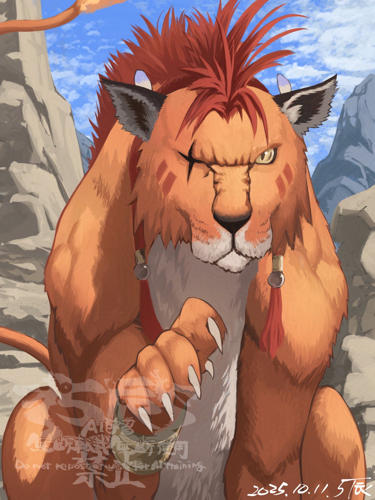 5tatsu, red xiii, final fantasy, final fantasy vii, final fantasy vii rebirth, final fantasy vii remake, highres, animal, animal ear fluff, artist name, bangle, beads, bracelet, claws, dated, feather hair ornament, feathers, fire, flame-tipped tail, hair beads, hair ornament, jewelry, looking at viewer, no humans, orange fur, outdoors, paw up, red hair, scar, scar across eye, scar on face, sidelocks, sitting, tail, yellow eyes