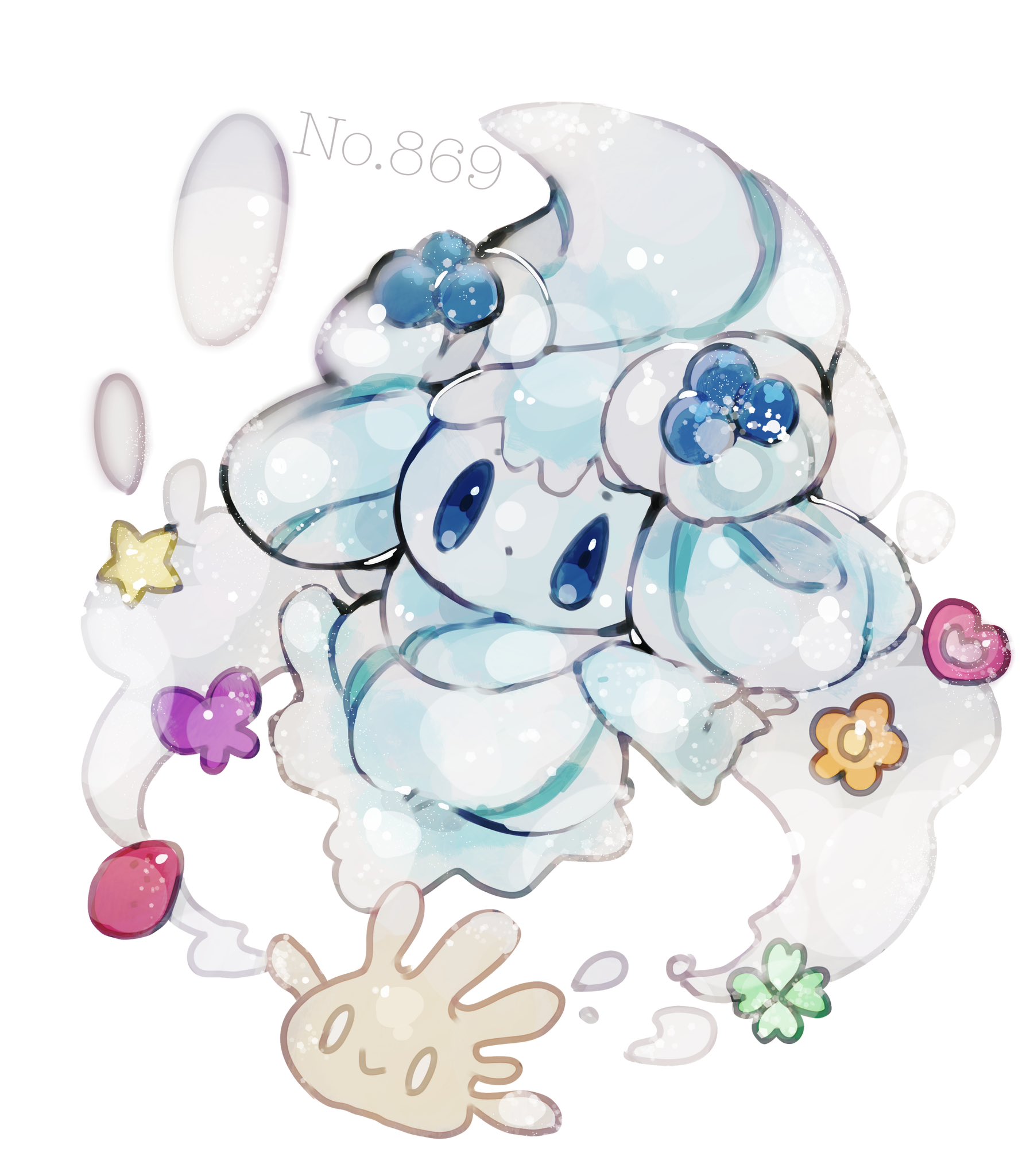 uraura8yama, alcremie, alcremie (berry sweet), alcremie (mint cream), milcery, nintendo, pokemon, highres, 1girl, blue eyes, blue hair, blueberry, blueberry hair ornament, closed mouth, dewlap, dot mouth, evolutionary line, food, food-themed creature, food-themed hair ornament, fruit, full body, gen 8 pokemon, hair ornament, long hair, looking at viewer, pokedex number, pokemon (creature), pokemon focus, simple background, solo, standing, white background, white eyes