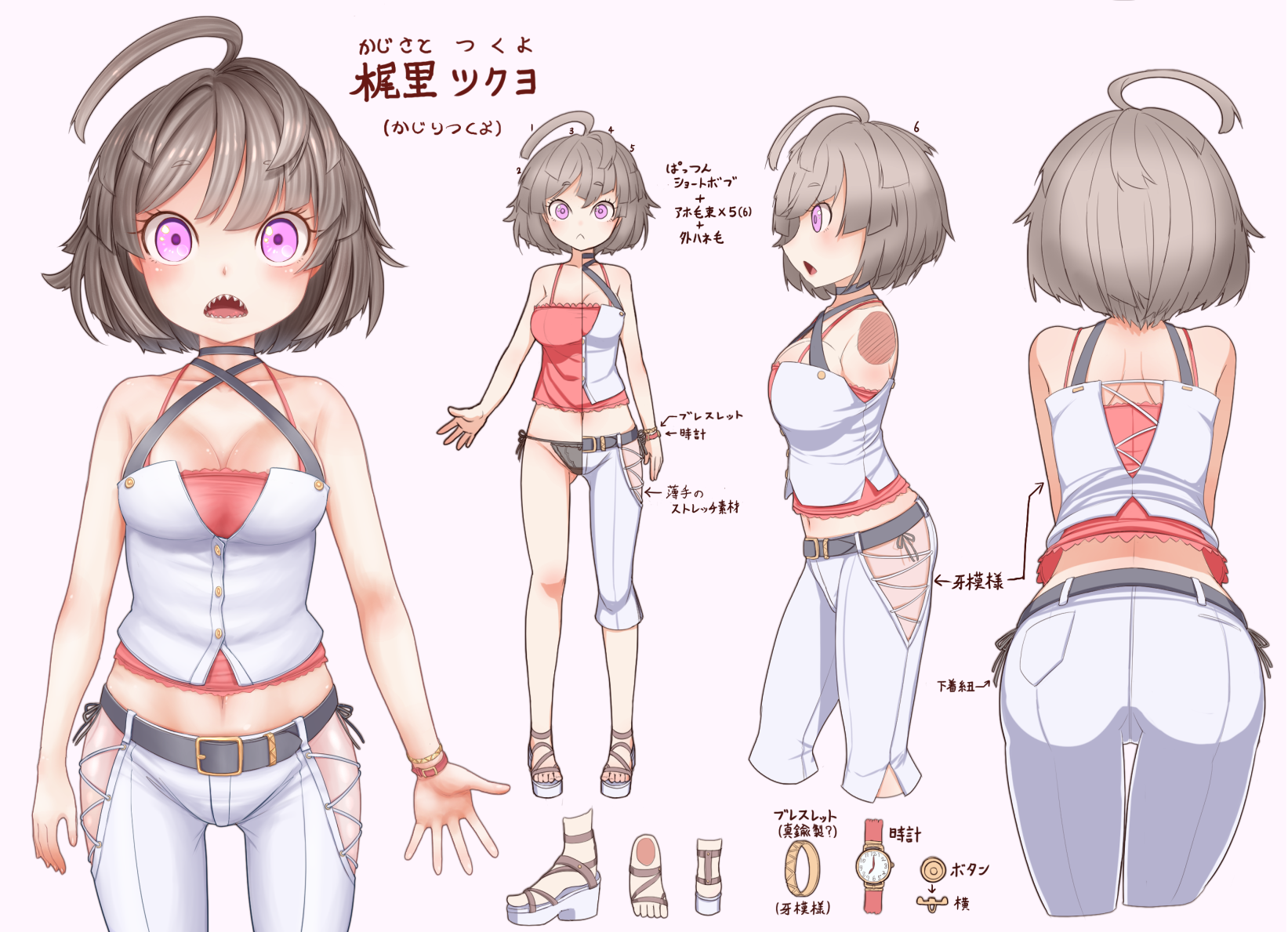 harunoha, original, commentary request, highres, translation request, 1girl, :<, ahoge, back, belt, black belt, black pantyhose, blush, breasts, camisole, cleavage, clothing cutout, cowboy shot, grey background, grey hair, hip vent, medium breasts, multiple views, open mouth, pants, pantyhose, platform sandals, purple eyes, red camisole, reference sheet, sandals, sharp teeth, short hair, simple background, strapless, teeth, tube top, watch, white pants, white sandals, white tube top, wristwatch