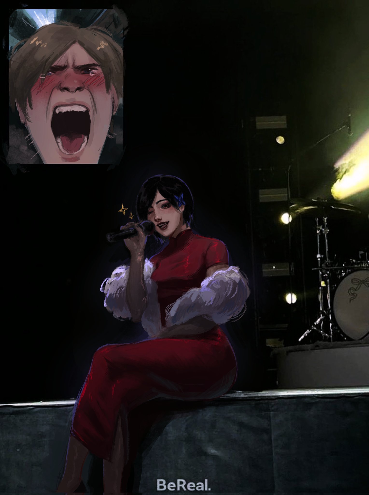 ada wong, leon s. kennedy, bereal, resident evil, highres, 1boy, 1girl, black hair, black pantyhose, blush, breasts, brown hair, butterfly hair ornament, crossed legs, dress, fan screaming at madison beer (meme), feet out of frame, fur shawl, furrowed brow, hair ornament, holding, holding microphone, long dress, medium breasts, meme, microphone, one eye closed, open mouth, pantyhose, parted bangs, red dress, s shiio, shawl, short sleeves, shouting, sitting, sparkle, tears