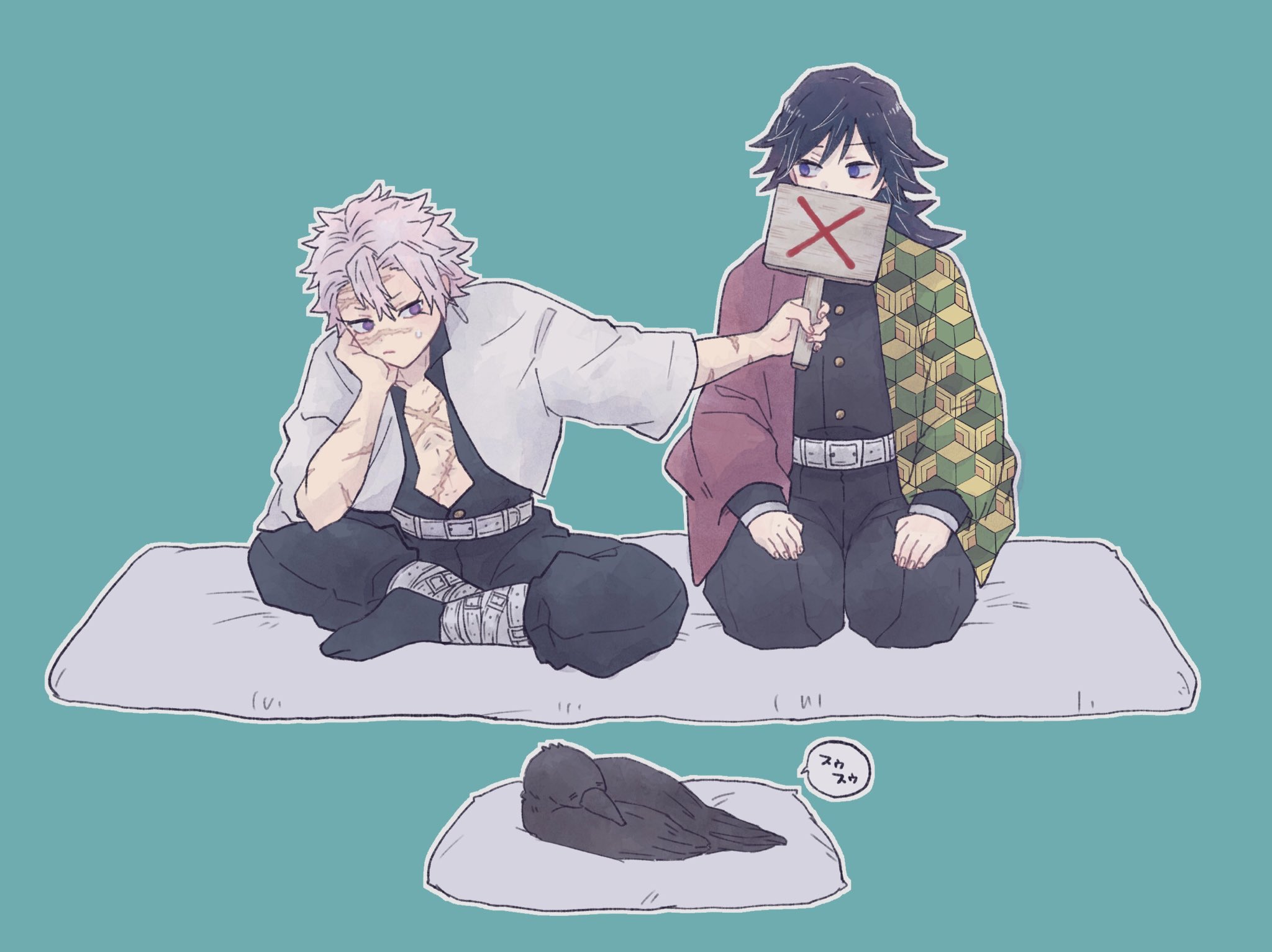yakiimochan kmt, shinazugawa sanemi, tomioka giyuu, kimetsu no yaiba, character request, highres, 2boys, aqua background, belt, bird, black hair, black jacket, black pants, blue eyes, buttons, crow, demon slayer uniform, full body, gold buttons, haori, head rest, high collar, holding, holding sign, jacket, japanese clothes, kikkoumon, low ponytail, male focus, multiple boys, pants, ponytail, print haori, red haori, sign, simple background, sitting, spiked hair, white belt