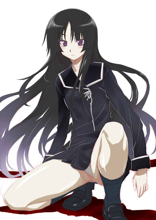 nakahira guy, isayama yomi, ga-rei, ga-rei zero, 00s, 1girl, black hair, blunt bangs, blush, hime cut, kneeling, long hair, on one knee, panties, pantyshot, purple eyes, school uniform, skirt, squatting, underwear, very long hair