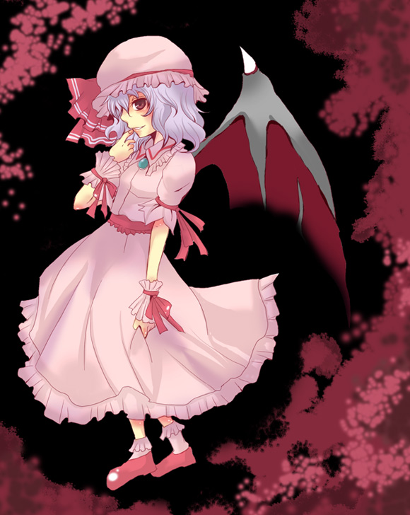 asana, remilia scarlet, touhou, bad id, bad pixiv id, 1girl, bat wings, blue hair, female focus, full body, hat, short hair, solo, vampire, wings