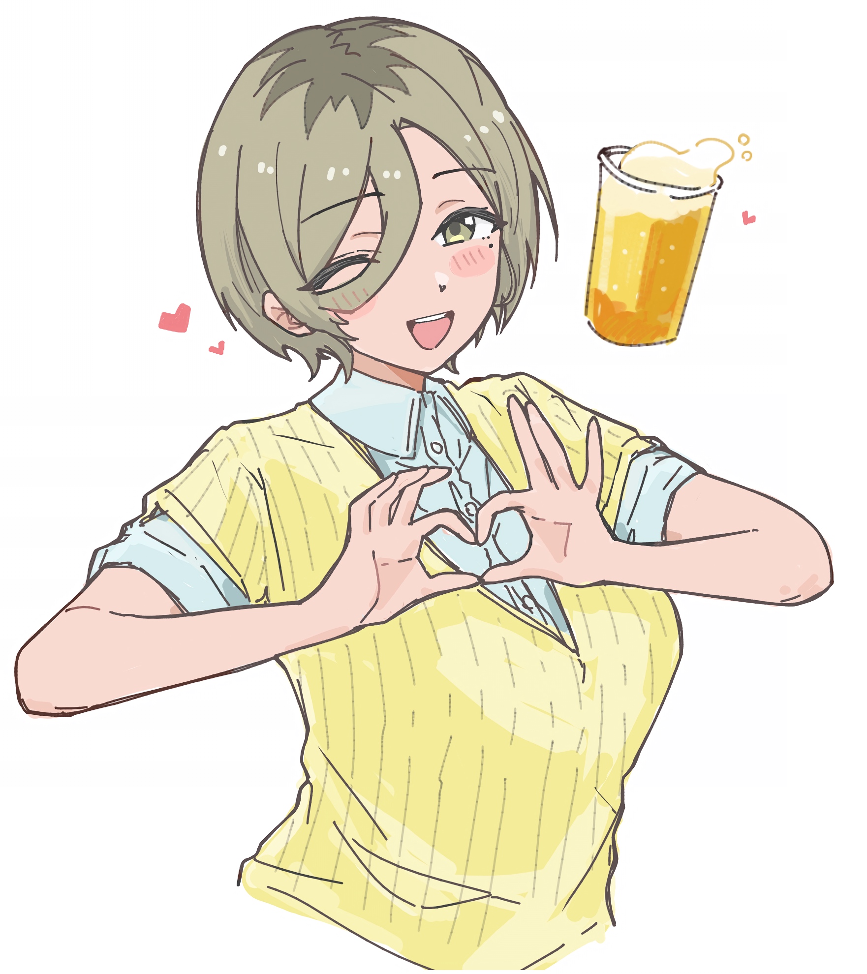 n nai nai n, rupa (girls band cry), girls band cry, commentary, highres, symbol-only commentary, 1girl, alcohol, beer, blue shirt, blush, brown eyes, brown hair, collared shirt, cup, dress shirt, hair between eyes, heart, heart hands, long hair between eyes, mole, mole under eye, multicolored hair, one eye closed, open mouth, roots (hair), shirt, simple background, solo, sweater, teeth, upper body, upper teeth only, white background, yellow sweater