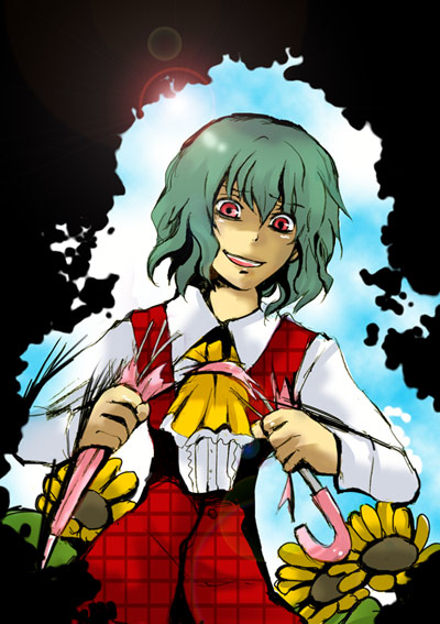 asana, kazami yuuka, touhou, bad id, bad pixiv id, 1girl, ascot, broken umbrella, closed umbrella, destruction, female focus, flower, green hair, lens flare, outdoors, parasol, plaid clothes, plaid vest, plant, red eyes, short hair, sky, solo, standing, sunflower, umbrella, unmoving pattern, vest