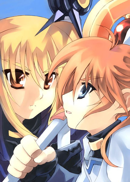 bardiche (nanoha), fate testarossa, raising heart, takamachi nanoha, lyrical nanoha, mahou shoujo lyrical nanoha, bad id, bad pixiv id, 00s, 2girls, blonde hair, blue eyes, multiple girls, red eyes, red hair