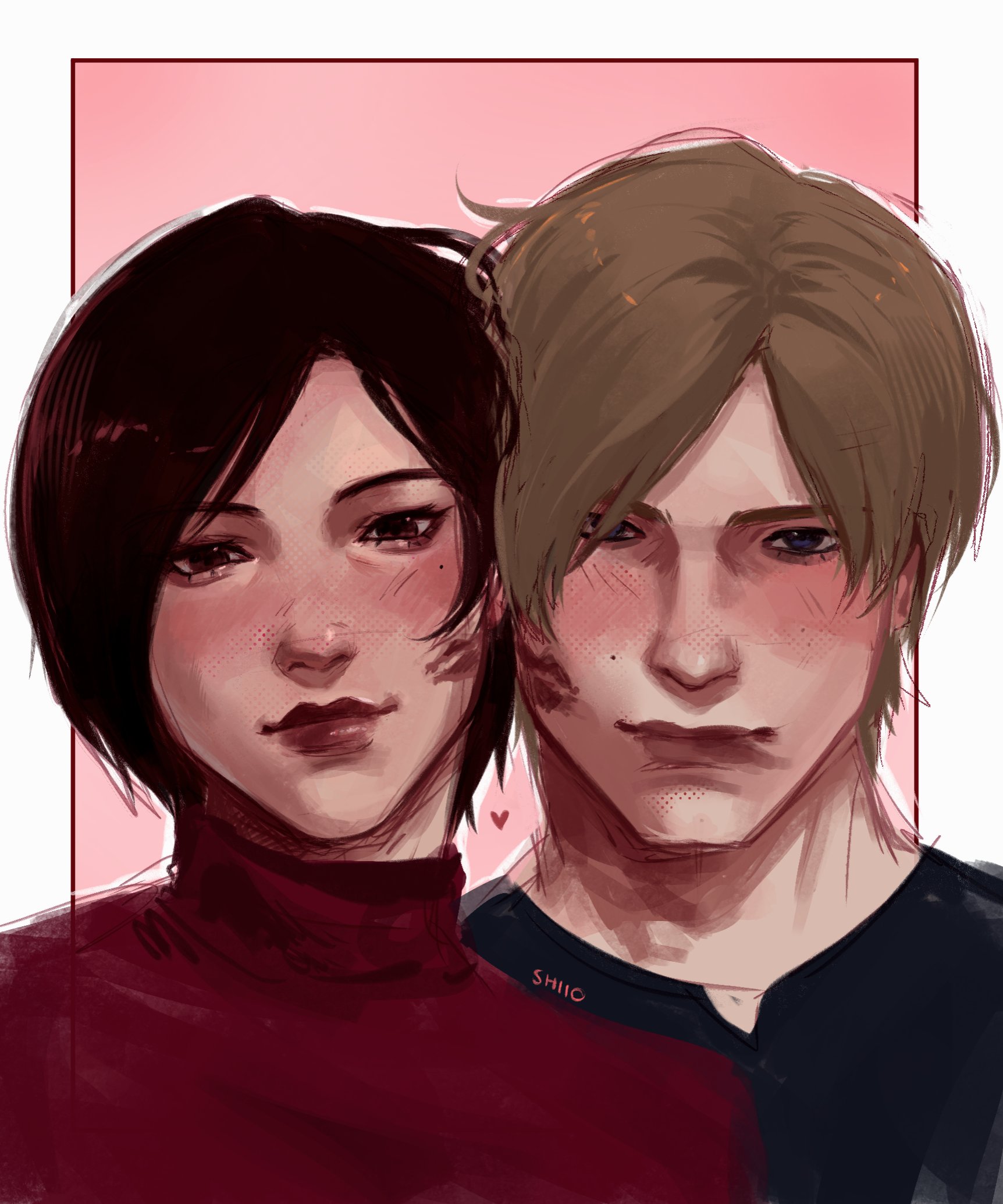 ada wong, leon s. kennedy, resident evil, resident evil 4, resident evil 4 (remake), highres, 1boy, 1girl, artist name, black hair, black shirt, blush, border, brown hair, closed mouth, couple, dress, hetero, lipstick mark, looking at viewer, parted bangs, pink background, red dress, red lips, s shiio, shirt, short hair, smudge, turtleneck, turtleneck dress, upper body, white border