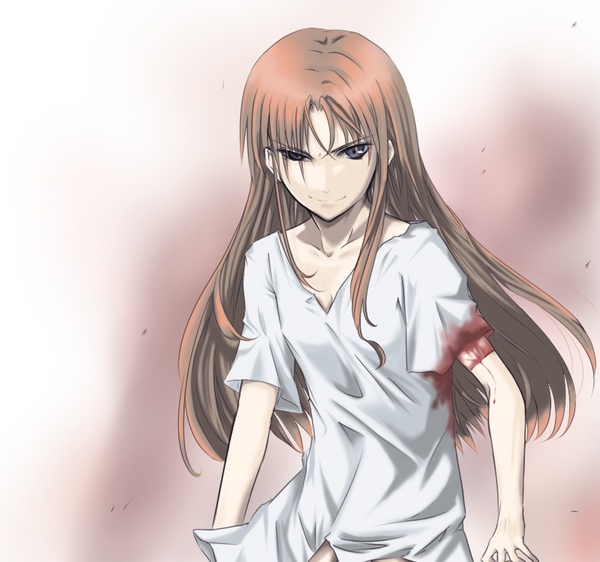 haruichi, resized, androgynous, angry, bandages, blood, blue eyes, brown hair, flat chest, injury, long hair, pixiv thumbnail, purple eyes, red hair, smile, solo