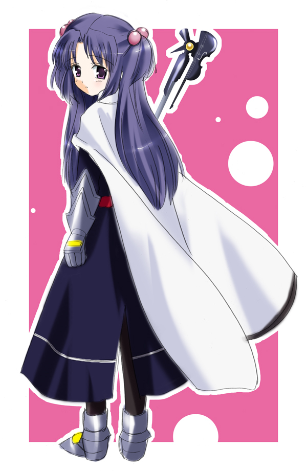 bardiche (nanoha), fate testarossa, fate testarossa (impulse form), ichinose kotomi, clannad, lyrical nanoha, mahou shoujo lyrical nanoha, 1girl, blue hair, cosplay, fate testarossa (cosplay), female focus, hair bobbles, hair ornament, instrument, long hair, looking back, solo, twintails, two side up, violin