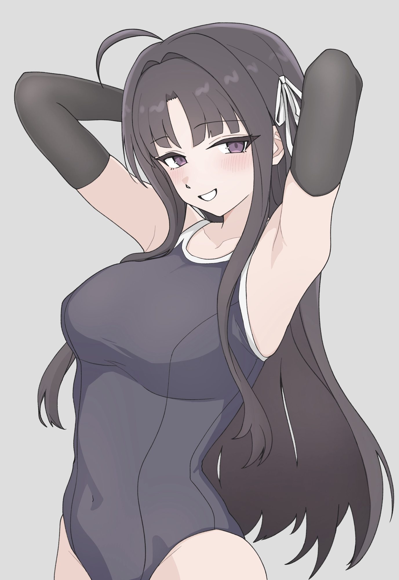 n nai nai n, awa subaru, girls band cry, highres, 1girl, ahoge, armpits, arms up, black gloves, black hair, blue one-piece swimsuit, blush, breasts, covered navel, cowboy shot, elbow gloves, gloves, grey background, hair intakes, hair ribbon, large breasts, long hair, one-piece swimsuit, open mouth, parted bangs, purple eyes, ribbon, sidelocks, simple background, skindentation, solo, swimsuit, white ribbon