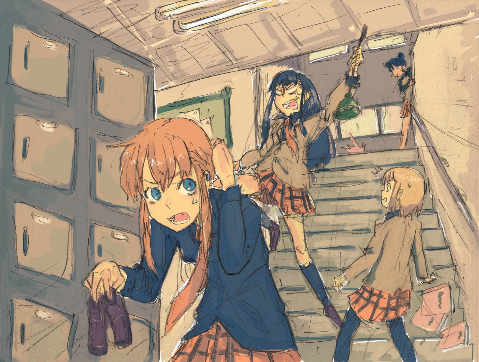 132, iizuka tatsuki, kageyama torako, nonomura ayumi, saotome suzume, hyakko, blue legwear, highres, 00s, 4girls, ^^^, blonde hair, blue eyes, double bun, fluorescent lamp, getabako, hair bun, indoors, loafers, long hair, multiple girls, orange skirt, pantyhose, plunger, school, school uniform, shoes, short hair, skirt, socks, stairs