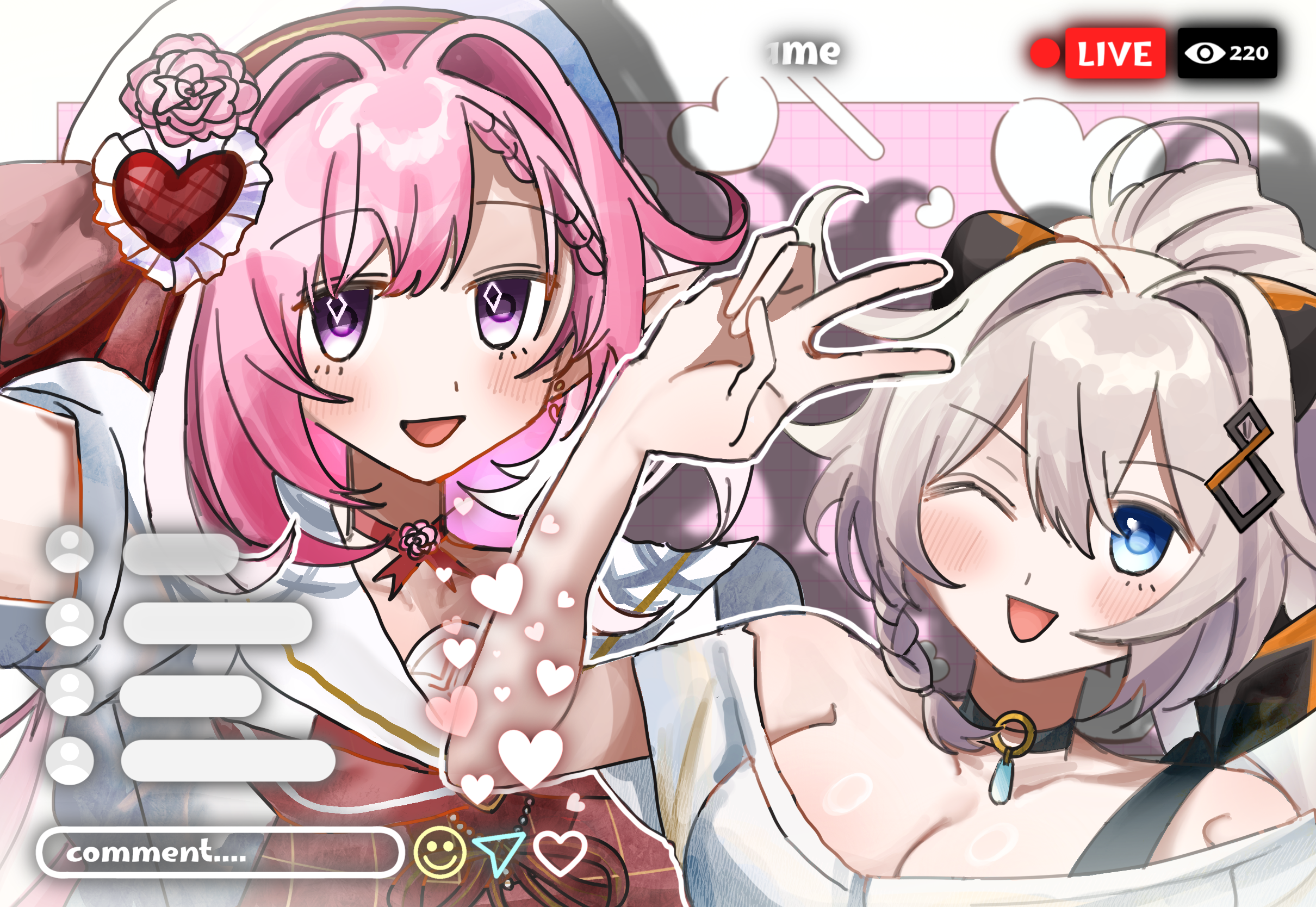 elysia (hi love elf) (honkai impact), elysia (honkai impact), kiana kaslana, honkai (series), honkai impact 3rd, commentary request, highres, 115date, 2girls, ;o, ahoge, animal ear hairband, animal ears, bare shoulders, beret, breasts, cat ear hairband, cat ears, cleavage, diamond-shaped pupils, diamond (shape), dress, elf, fake animal ears, hairband, hat, large breasts, livestream, long hair, multicolored hair, multiple girls, one eye closed, pink hair, pointy ears, purple eyes, red dress, shirt, smile, symbol-shaped pupils, two-tone hair, v, white hair, white shirt