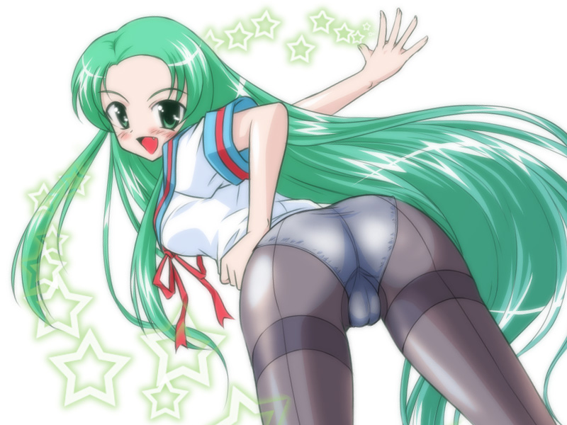 yukimura hajime, tsuruya, suzumiya haruhi no yuuutsu, 00s, 1girl, ass, back-seamed legwear, black pantyhose, fang, female focus, green eyes, green hair, gusset, long hair, matching hair/eyes, panties, panties under pantyhose, pantyhose, school uniform, seamed legwear, serafuku, solo, thighband pantyhose, trefoil, underwear, very long hair