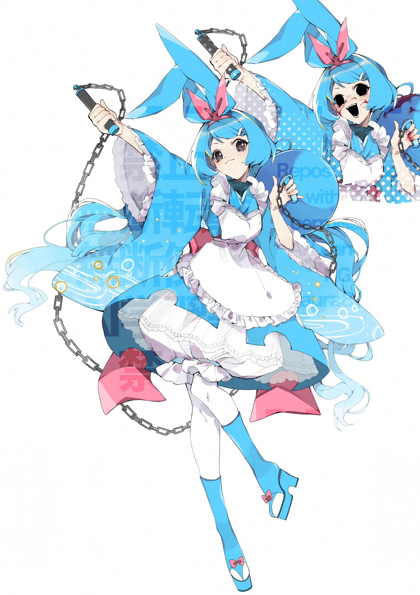 uraura8yama, azumarill, nintendo, pokemon, highres, 1girl, :d, animal ears, apron, back bow, black eyes, blood, blood on face, blue dress, blue hair, blue shoes, blue socks, bow, bow hairband, dress, frilled apron, frills, full body, gen 2 pokemon, hairband, holding flail, looking at viewer, open mouth, pantyhose, personification, pink bow, pink hairband, platform shoes, rabbit ears, shoes, simple background, smile, socks, solo, standing, twintails, white apron, white background, white pantyhose, wide sleeves