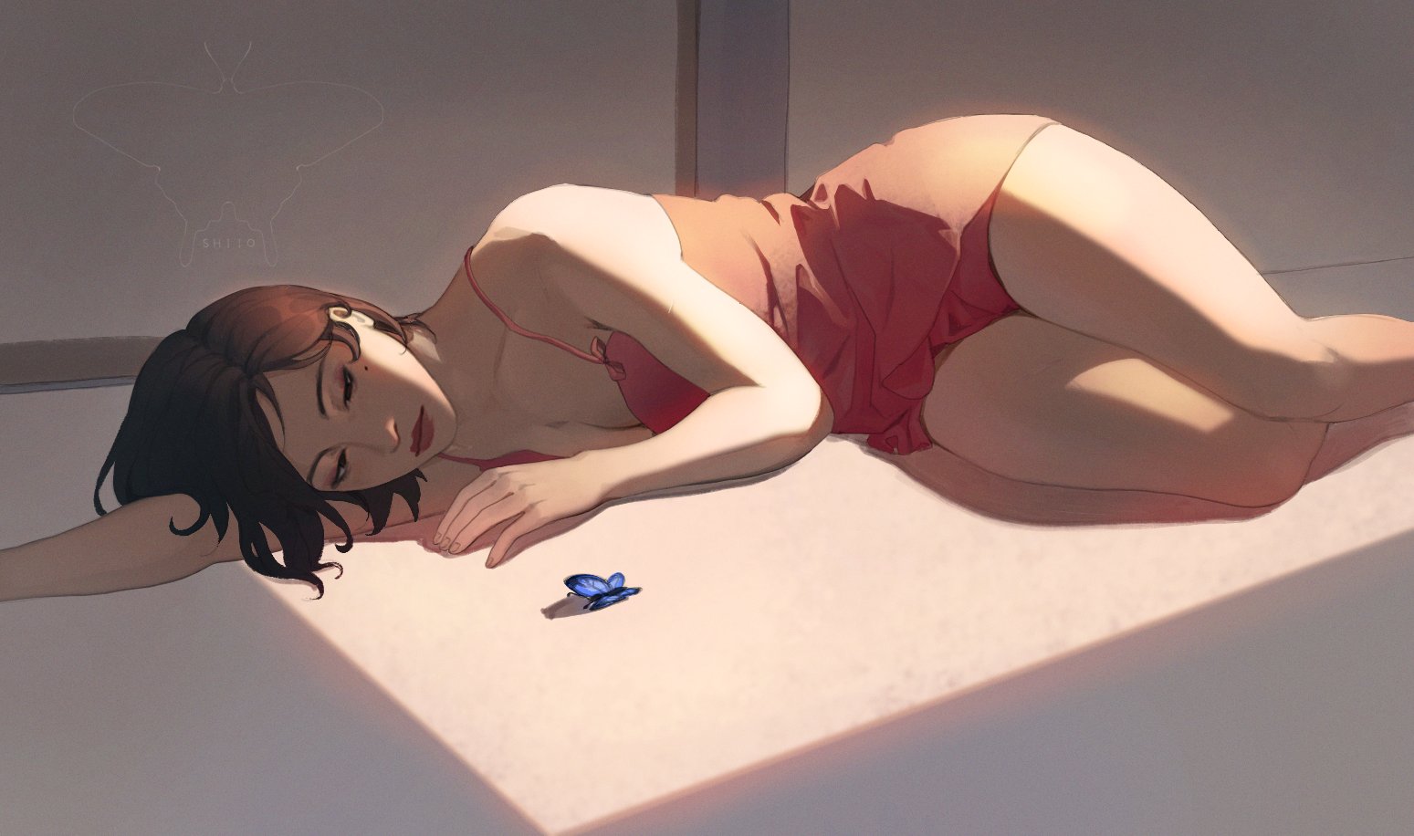 ada wong, resident evil, 1girl, bare arms, bare shoulders, black hair, blue butterfly, breasts, bug, butterfly, cleavage, collarbone, feet out of frame, half-closed eyes, insect, lying, medium breasts, mole, mole under eye, on side, red lips, red negligee, s shiio, short hair, solo, thighs