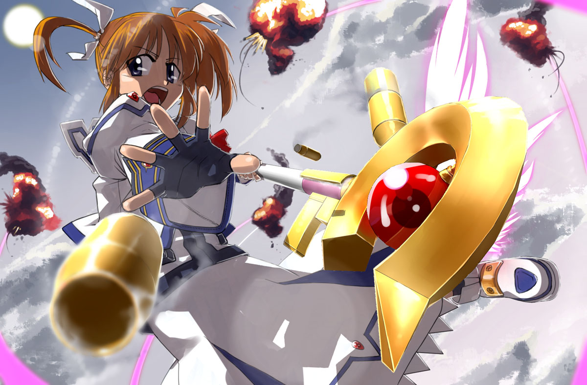 kida sougetsu, raising heart, raising heart (accel mode), takamachi nanoha, takamachi nanoha (sacred mode), lyrical nanoha, mahou shoujo lyrical nanoha, mahou shoujo lyrical nanoha a's, winged footwear, 00s, 1girl, action, aerial battle, battle, blue eyes, boots, bow, brown hair, cartridge, casing ejection, explosion, female focus, fingerless gloves, flying, gloves, hair ribbon, magazine (weapon), magical girl, purple eyes, red bow, red hair, ribbon, shell casing, shoes, short hair, short twintails, solo, twintails, white devil, wings