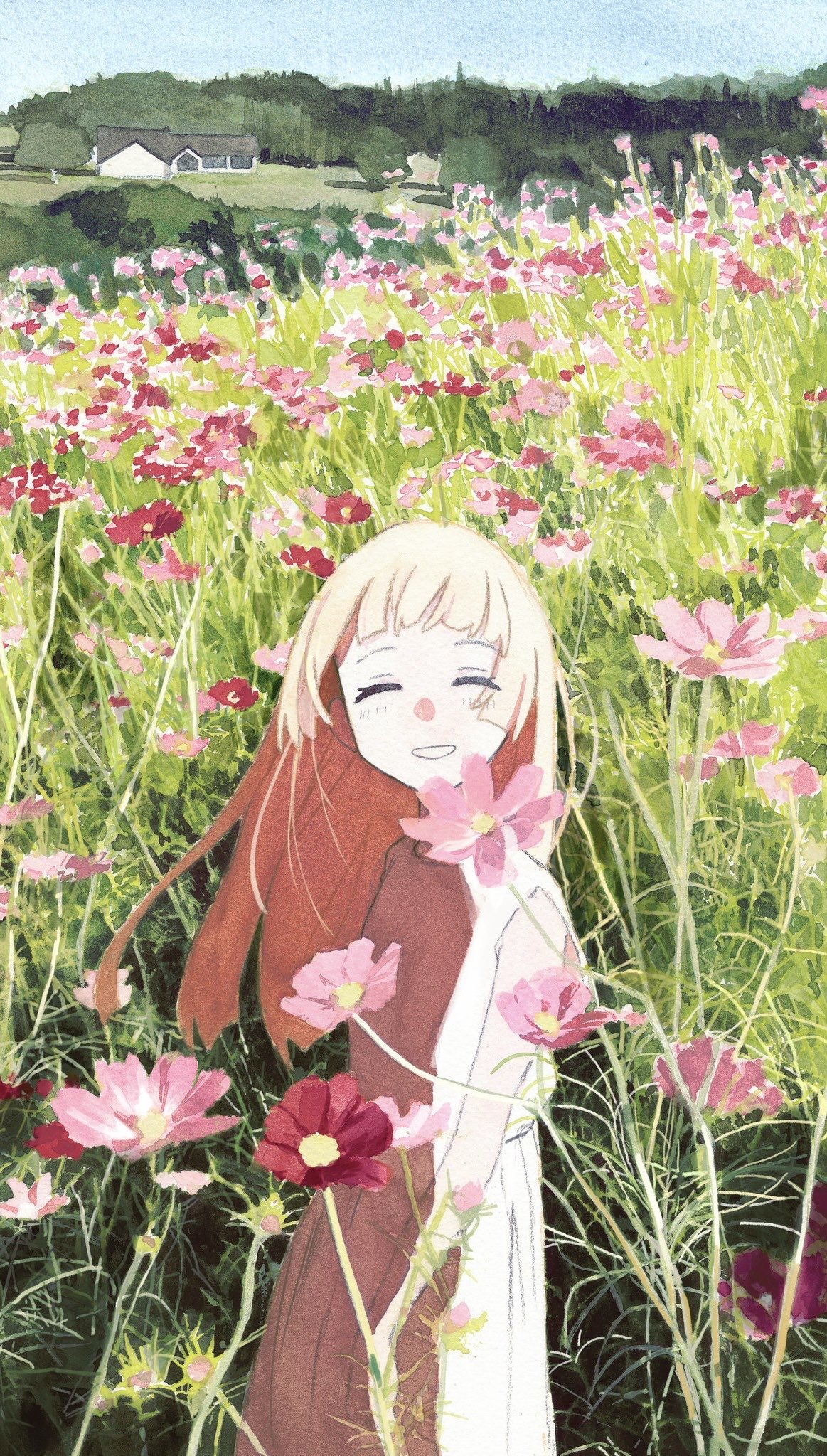 narihayao, original, highres, painting (medium), traditional media, watercolor (medium), 1girl, blonde hair, closed eyes, day, flower, grass, long hair, smile, solo, very long hair