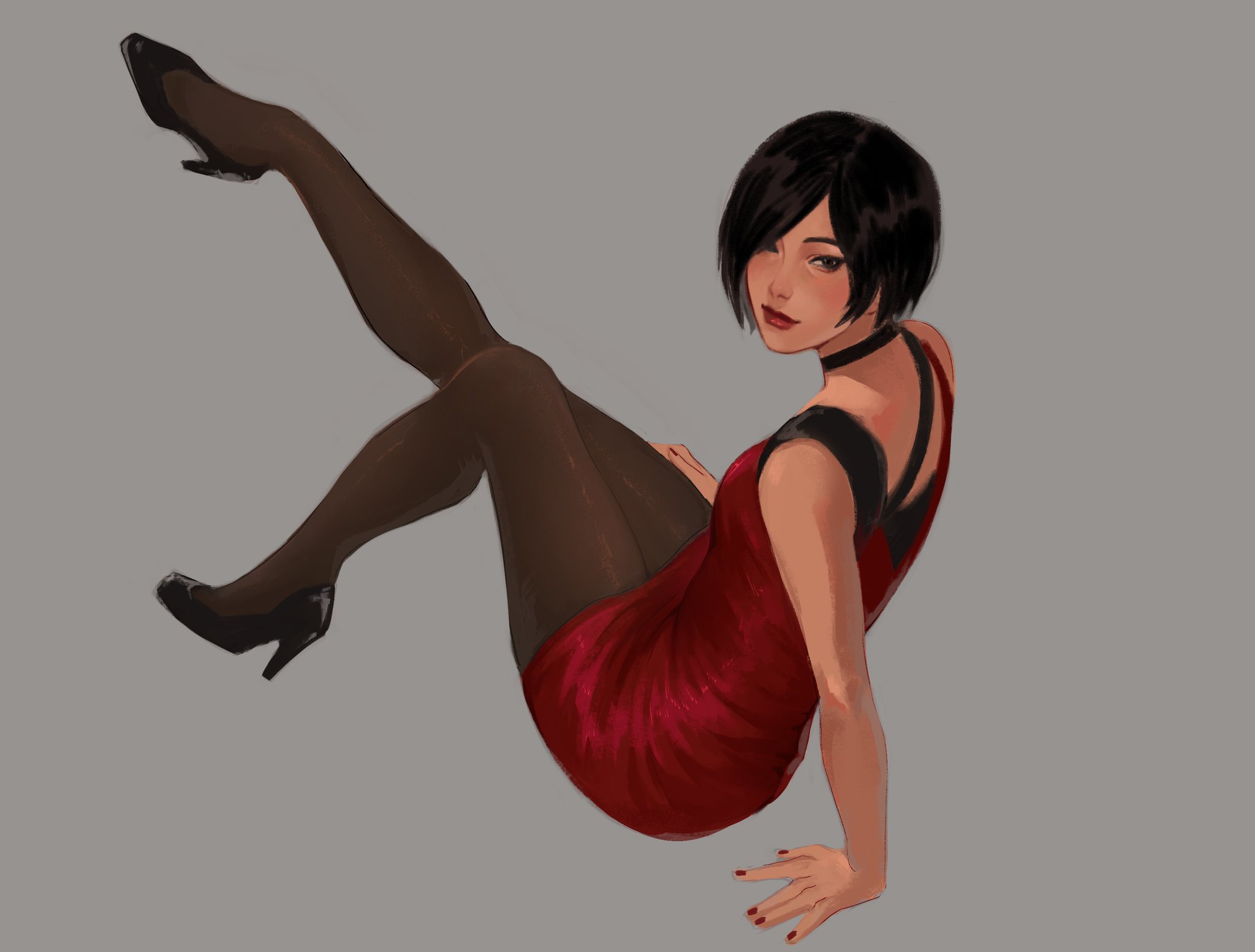 ada wong, resident evil, resident evil 2, highres, 1girl, bare arms, bare shoulders, black choker, black hair, black pantyhose, black shoes, breasts, choker, closed mouth, dress, full body, grey background, high heels, light smile, looking at viewer, medium breasts, nail polish, pantyhose, parted bangs, pumps, red dress, red lips, red nails, s shiio, shoes, short hair, solo