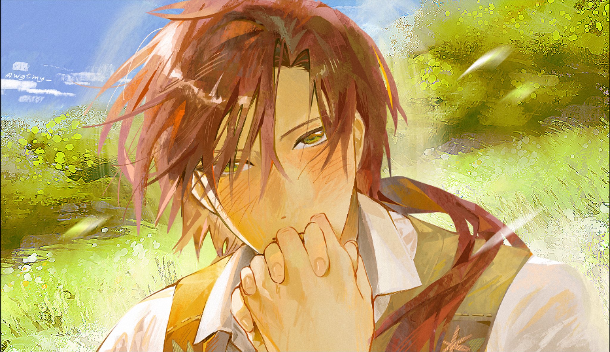 unholymilk, original, commentary request, highres, 1boy, blue sky, blush, brown vest, closed mouth, collared shirt, dot nose, fingernails, grass, green eyes, hair over one eye, hair over shoulder, holding hands, long hair, looking at viewer, male focus, nature, outdoors, ponytail, portrait, red hair, shirt, sky, solo focus, thai commentary, vest, white shirt