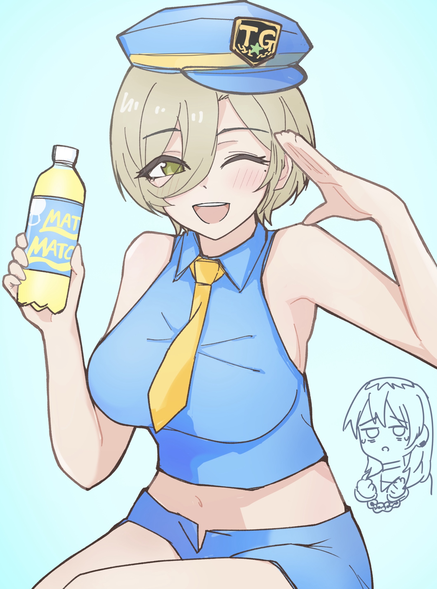 n nai nai n, kawaragi momoka, rupa (girls band cry), girls band cry, match (drink), highres, 2girls, blue background, blue hat, blue shirt, blue shorts, bottle, breasts, brown eyes, brown hair, cuffs, earclip, hair between eyes, handcuffs, hat, holding, holding bottle, large breasts, long hair, long hair between eyes, midriff, multicolored hair, multiple girls, navel, necktie, one eye closed, open mouth, roots (hair), salute, shirt, shorts, simple background, sleeveless, sleeveless shirt, teeth, upper teeth only, yellow necktie