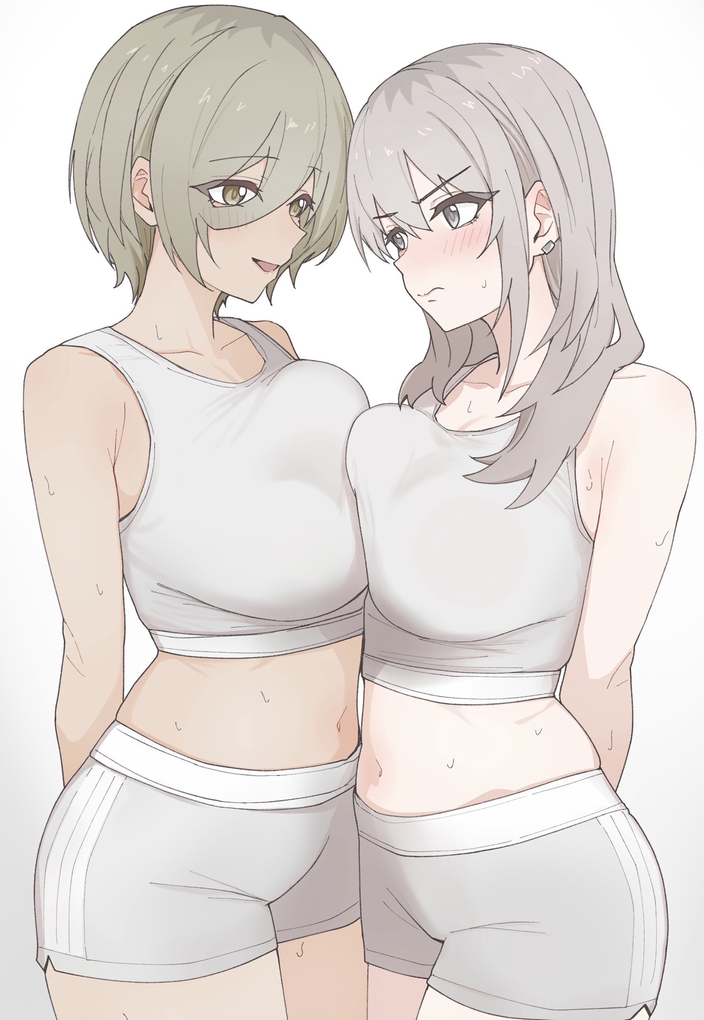 n nai nai n, kawaragi momoka, rupa (girls band cry), girls band cry, highres, 2girls, asymmetrical docking, blush, breast press, breasts, brown eyes, brown hair, closed mouth, crop top, earclip, grey eyes, grey hair, grey shorts, grey sports bra, hair between eyes, large breasts, long hair between eyes, multicolored hair, multiple girls, navel, open mouth, roots (hair), shorts, sports bra, sweat