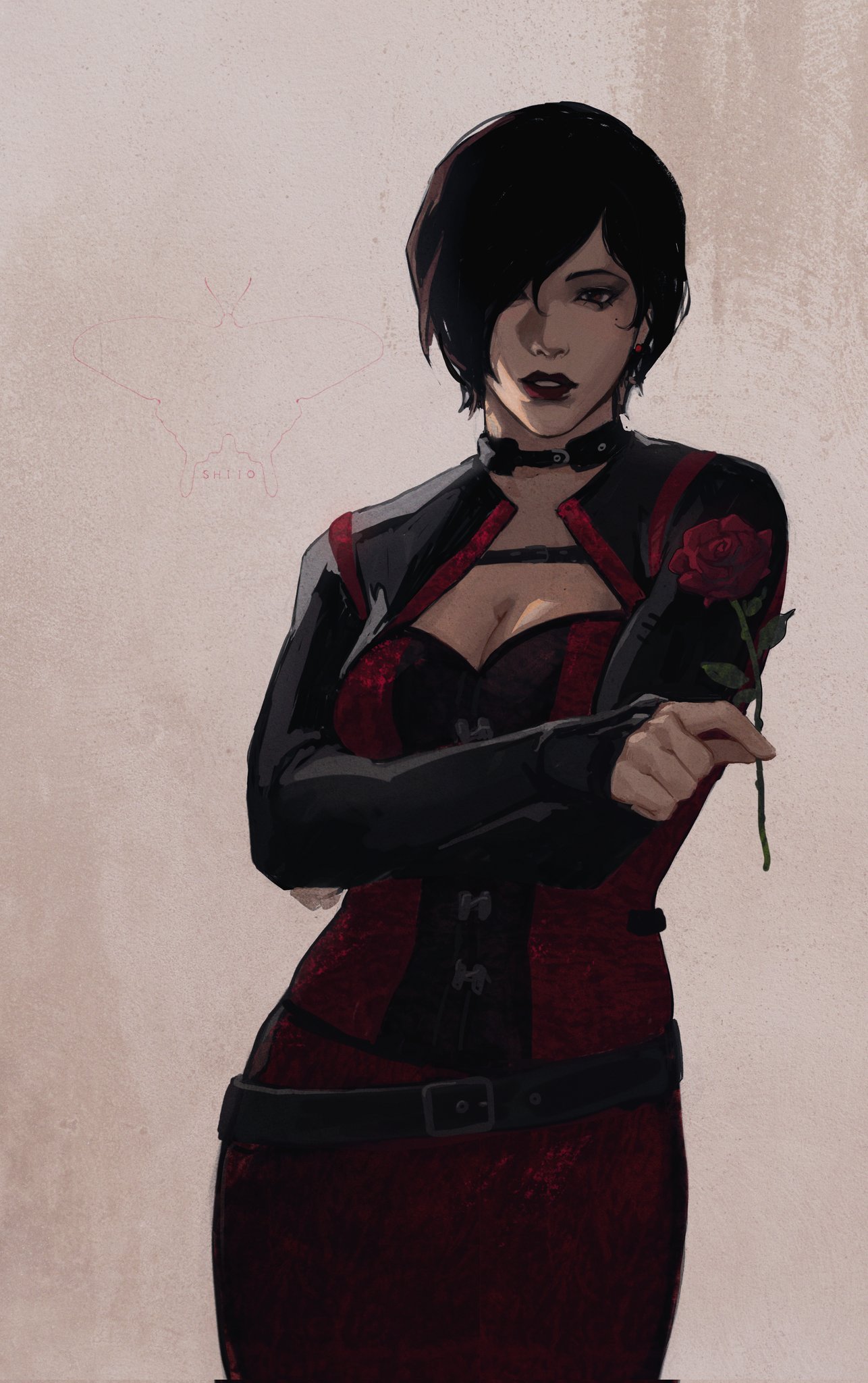 ada wong, resident evil, highres, 1girl, alternate costume, belt, black belt, black choker, black hair, black jacket, breasts, choker, cleavage, crossed arms, flower, grey background, hair over one eye, holding, holding flower, jacket, large breasts, looking at viewer, parted lips, red-flanked bluetail, red flower, red rose, rose, s shiio, short hair, solo