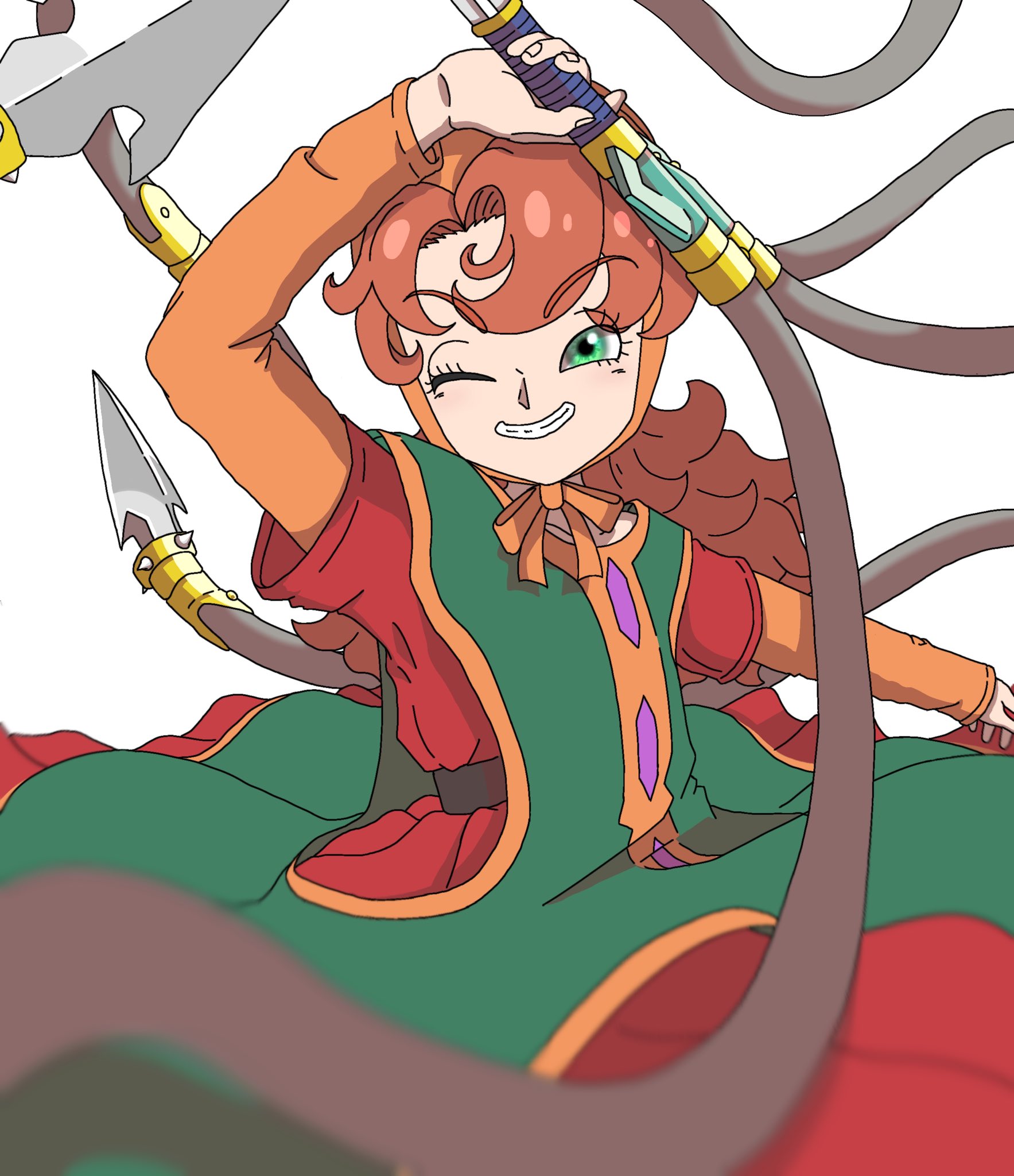 maribel (dq7), dragon quest, dragon quest vii, highres, 1girl, collarbone, curly hair, dress, green eyes, holding, holding whip, hood, long hair, looking at viewer, one eye closed, orange hair, simple background, sinfonianobilis, smile, solo, white background