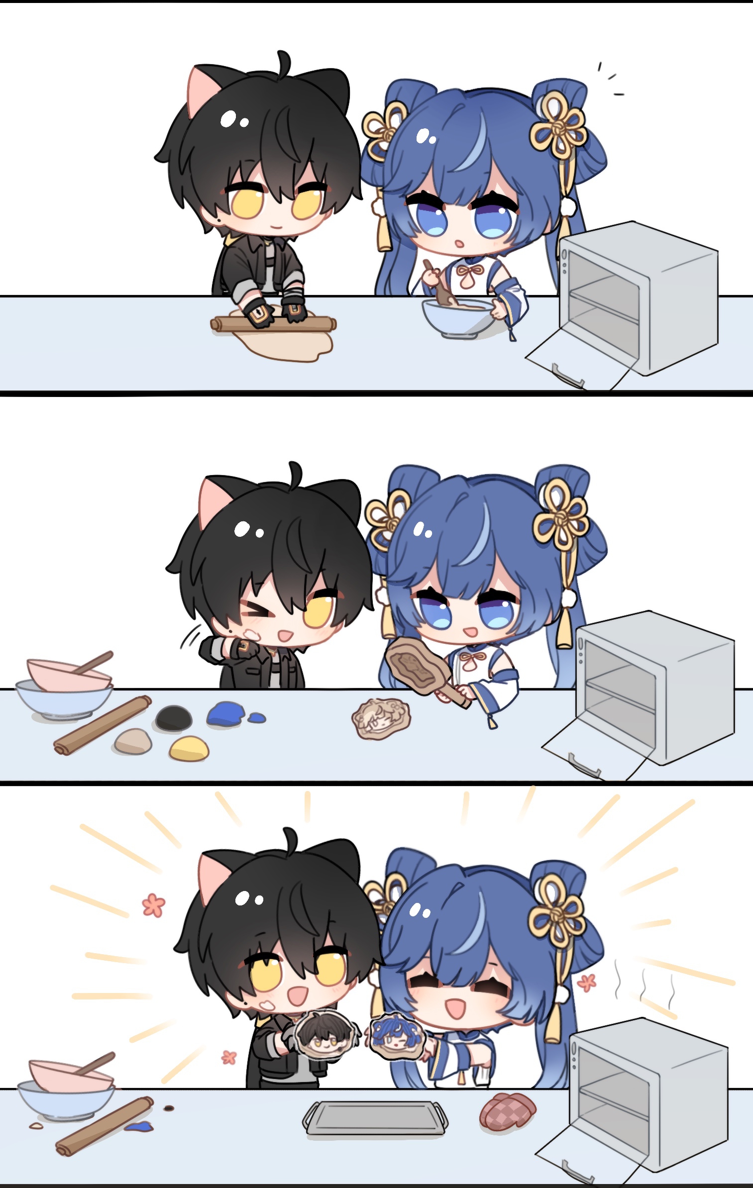 sisi (sisi0404), iuno (wuthering waves), male rover (wuthering waves), rover (wuthering waves), wuthering waves, chinese commentary, commentary request, highres, 1boy, 1girl, ahoge, animal ears, baking, black hair, black jacket, blue eyes, blue hair, cat boy, cat ears, chinese clothes, chinese knot, hair ornament, happy, jacket, kemonomimi mode, multicolored hair, official alternate costume, smile, streaked hair, toaster oven, twintails, yellow eyes