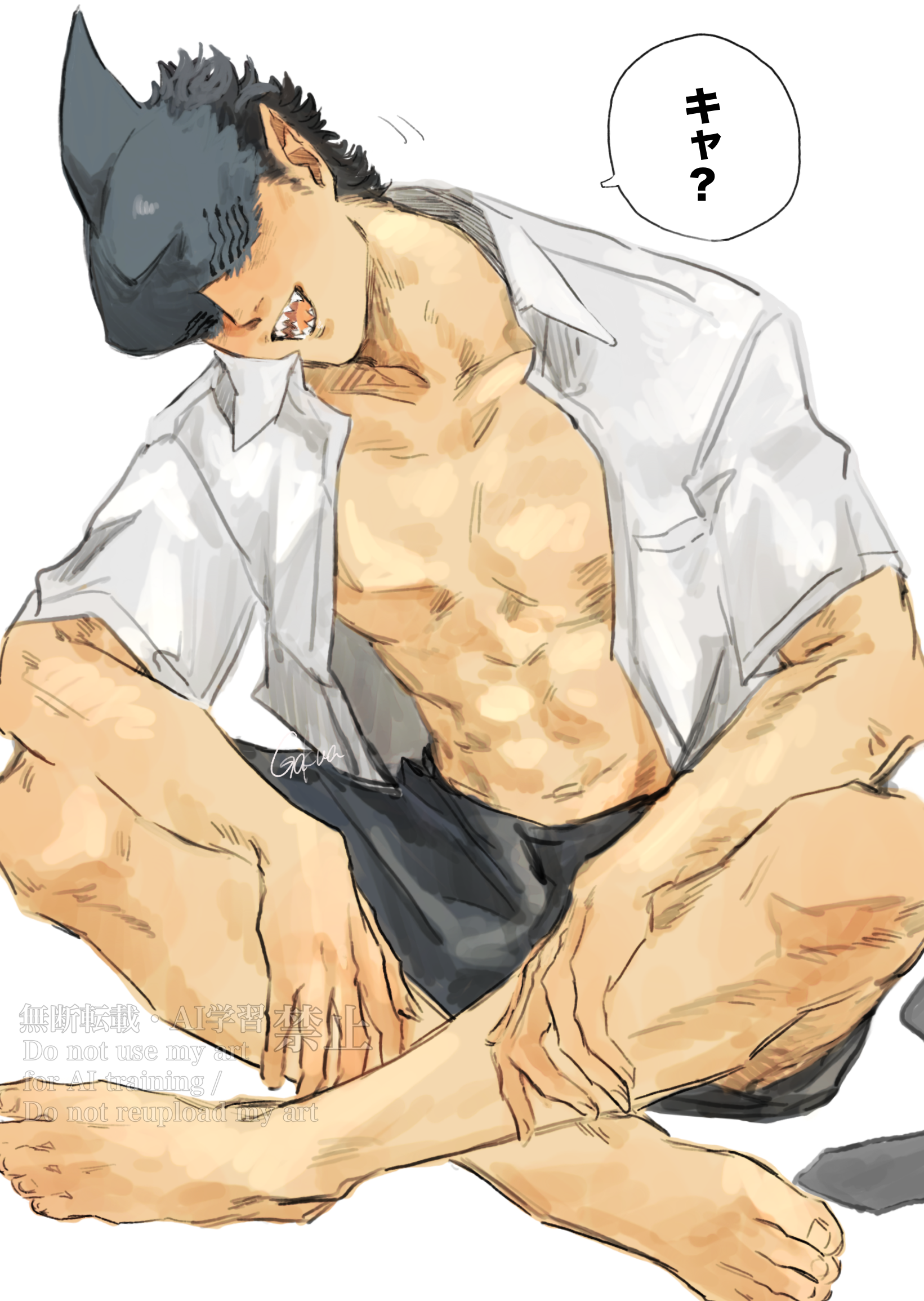 beam (chainsaw man), chainsaw man, commentary request, highres, translation request, 1boy, alternate costume, black hair, collared shirt, crossed legs, feet, gakua, male focus, open clothes, open mouth, open shirt, pectorals, shark boy, shark fin, shark head, sharp teeth, shirt, short hair, simple background, sitting, solo, speech bubble, teeth, toes, white background, white shirt