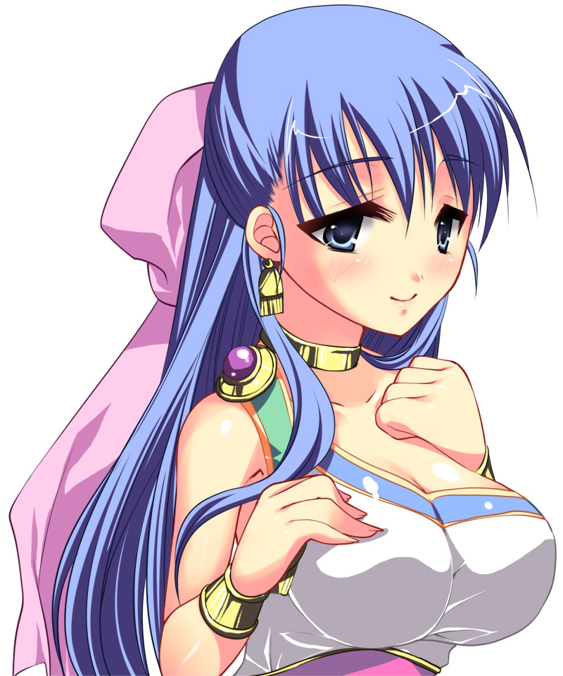 ookami ryousuke, flora (dq5), dragon quest, dragon quest v, bad id, bad pixiv id, 1girl, blue eyes, blue hair, bow, breasts, earrings, female focus, hair bow, half updo, jewelry, large breasts, long hair, matching hair/eyes, pink bow, smile, solo