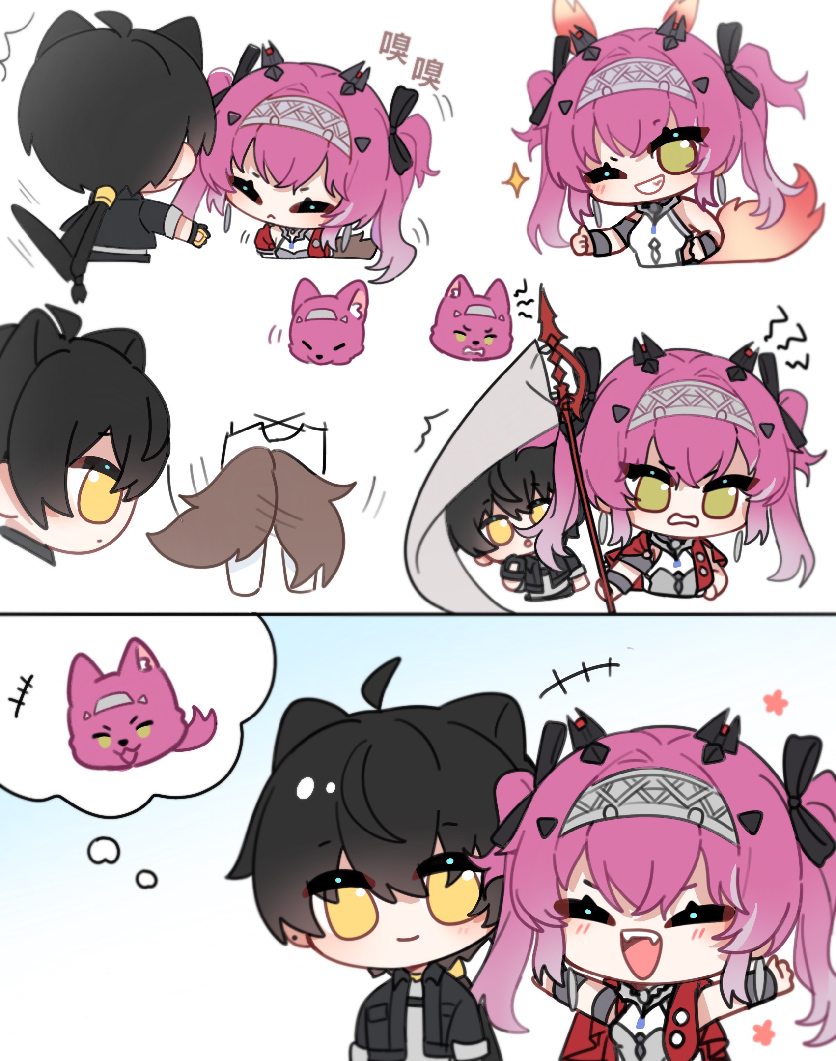 sisi (sisi0404), lupa (wuthering waves), male rover (wuthering waves), rover (wuthering waves), wuthering waves, chinese commentary, commentary request, highres, +++, 1boy, 1girl, animal ears, black bow, black hair, bow, cat boy, cat ears, earrings, grin, hair bow, hairband, happy, holding, holding polearm, holding weapon, jewelry, kemonomimi mode, long hair, looking at viewer, metal hairband, multiple hair bows, one eye closed, pink hair, polearm, smile, sparkle, tail, tail wagging, thumbs up, twintails, weapon, wolf tail, yellow eyes