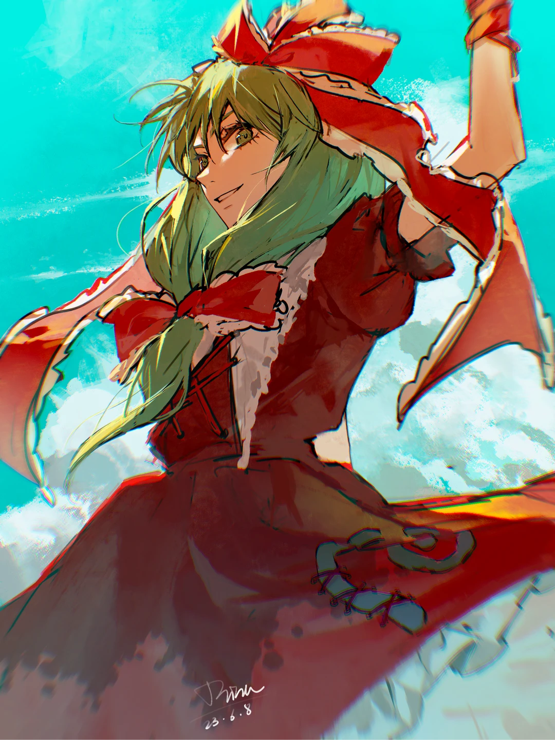 aihara-rina, kagiyama hina, touhou, highres, 1girl, blue background, bow, dated, frilled bow, frilled ribbon, frilled skirt, frills, front ponytail, green eyes, green hair, hair bow, hair ribbon, looking at viewer, parted lips, red bow, red ribbon, red shirt, red skirt, ribbon, shirt, short sleeves, signature, skirt, solo