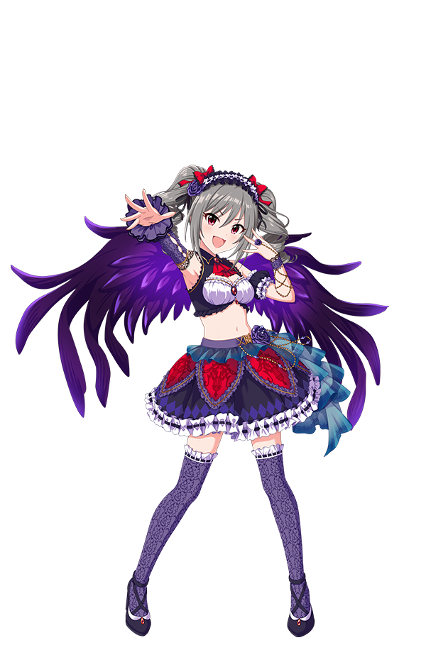 kanzaki ranko, idolmaster, idolmaster cinderella girls, idolmaster cinderella girls starlight stage, official art, 1girl, drill hair, flower, full body, grey hair, headdress, idol clothes, navel, open mouth, red eyes, skirt, solo, thighhighs, transparent background, twin drills, wings