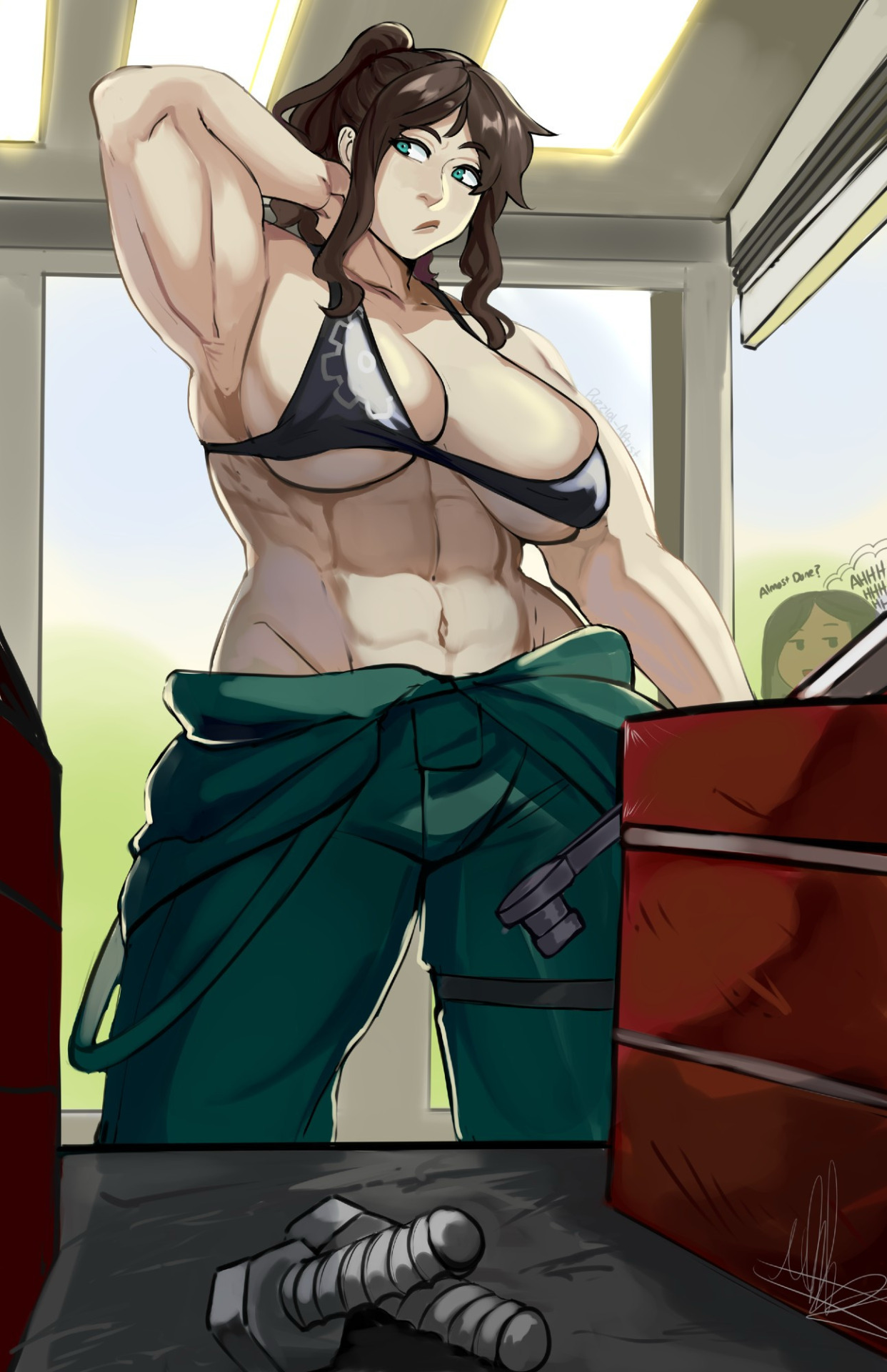 puzzledartist, original, commentary, english commentary, highres, 2025, 2girls, abs, arm at side, arm behind head, arm up, baggy pants, black bra, black hair, bra, breasts, brown hair, ceiling light, chibi, chibi inset, closed mouth, collarbone, contrapposto, day, doorway, english text, female focus, green pants, groin, halterneck, head tilt, holding, holding wrench, indoors, large breasts, leg strap, legs apart, lips, long hair, looking to the side, multiple girls, muscular, muscular female, pants, parted bangs, screw, signature, speech bubble, straight hair, strap, table, toned, toned female, unaligned breasts, underwear, wrench