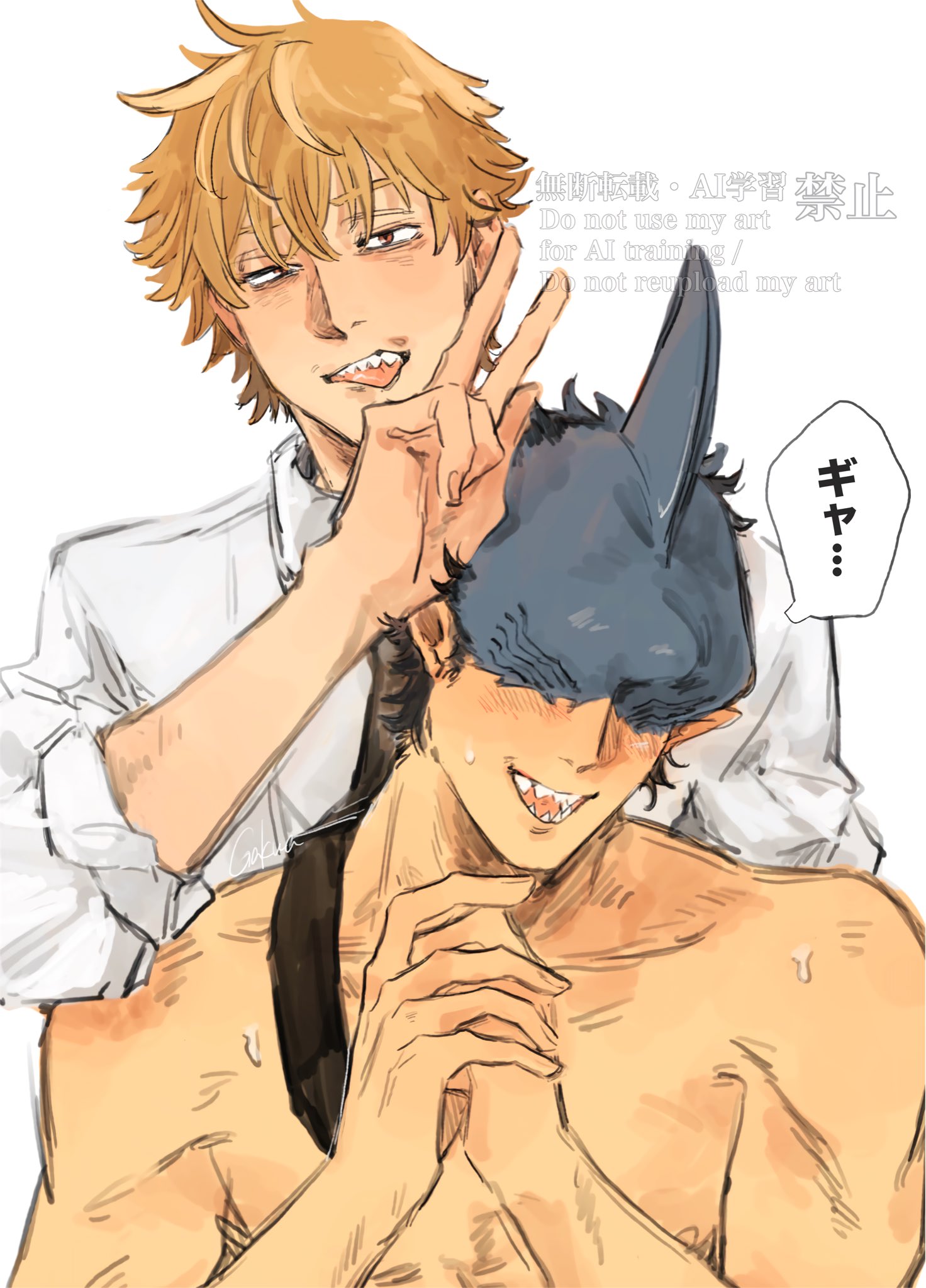 beam (chainsaw man), denji (chainsaw man), chainsaw man, commentary request, highres, 2boys, black hair, black necktie, blush, collared shirt, fingernails, gakua, implied yaoi, looking at viewer, male focus, multiple boys, necktie, open mouth, orange hair, shark boy, shark fin, shark head, sharp teeth, shirt, short hair, simple background, teeth, tongue, tongue out, upper body, v, watermark, white background, white shirt