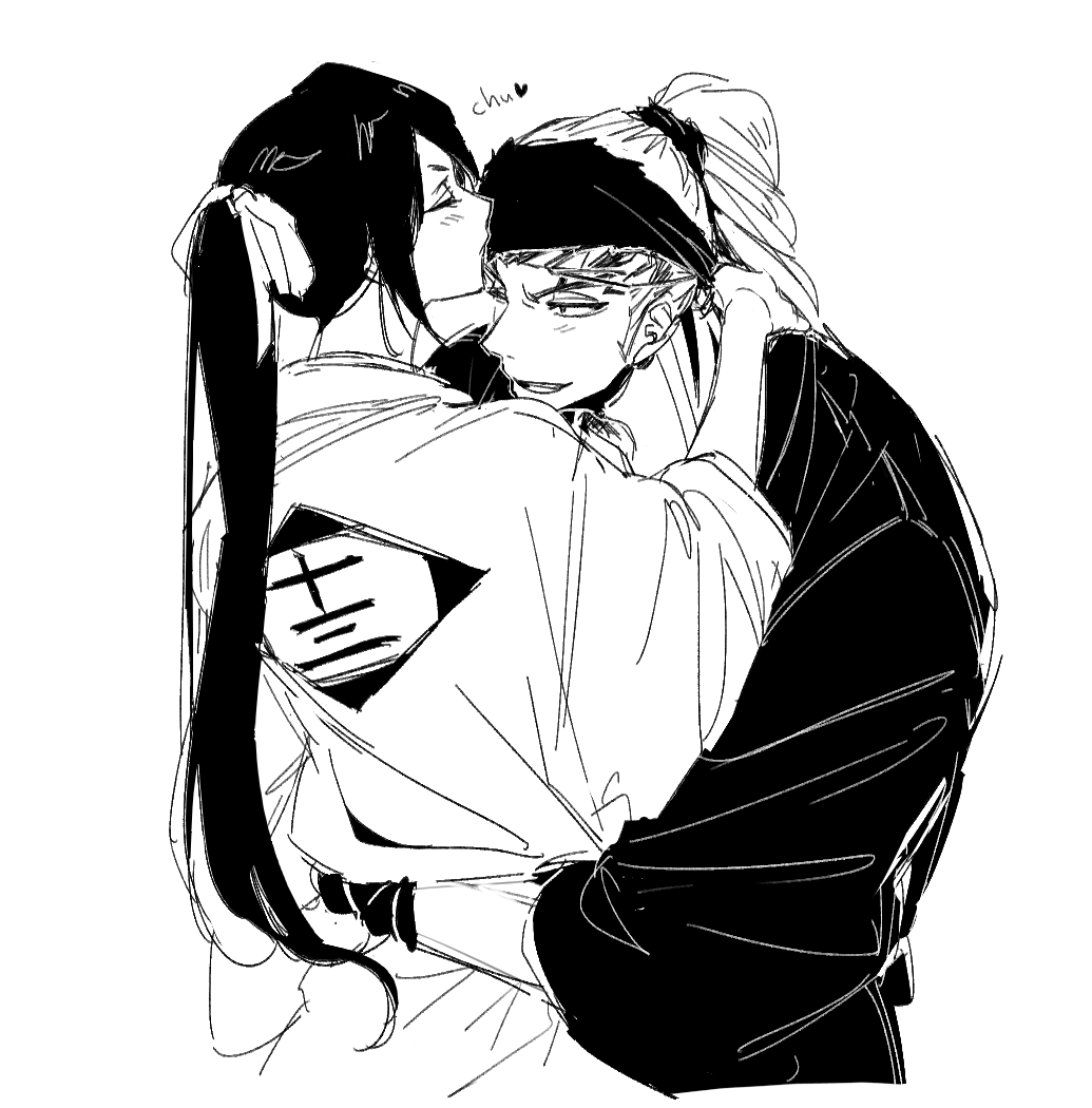 dz sk7170, abarai renji, kuchiki rukia, bleach, 1boy, 1girl, arms around neck, black hair, black hairband, black robe, closed eyes, couple, furrowed brow, greyscale, hair ribbon, hairband, hetero, hug, japanese clothes, kissing head, light blush, long hair, monochrome, one eye closed, open mouth, parted bangs, ponytail, ribbon, robe, sideburns, smile, upper body, white background, white robe