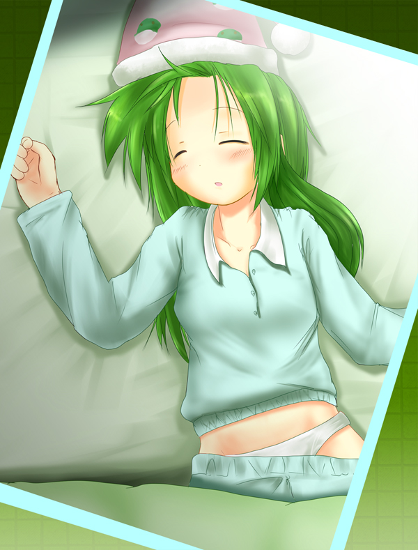 hiiragi mitsuna, kochiya sanae, touhou, 1girl, blush, closed eyes, female focus, green hair, hat, long hair, lying, nightcap, pajamas, panties, sleeping, solo, underwear