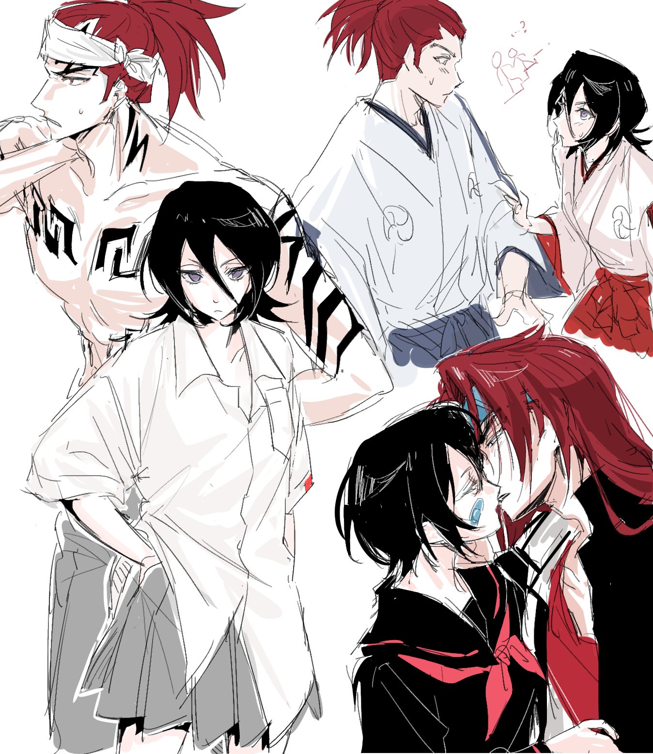 dz sk7170, abarai renji, kuchiki rukia, bleach, highres, bandaid, bandaid on cheek, bandaid on face, black hair, black jacket, black sailor collar, black serafuku, black shirt, blue headband, breasts, chest tattoo, collared shirt, couple, delinquent, furrowed brow, gakuran, grey eyes, grey skirt, hair between eyes, headband, hetero, jacket, japanese clothes, kiss, long hair, necktie, official alternate costume, parted lips, pleated skirt, ponytail, red hair, red necktie, red shirt, sailor collar, school uniform, serafuku, shirt, short hair, shoulder tattoo, sideboob, skirt, sweatdrop, tattoo, topless male, white background, white headband, white shirt