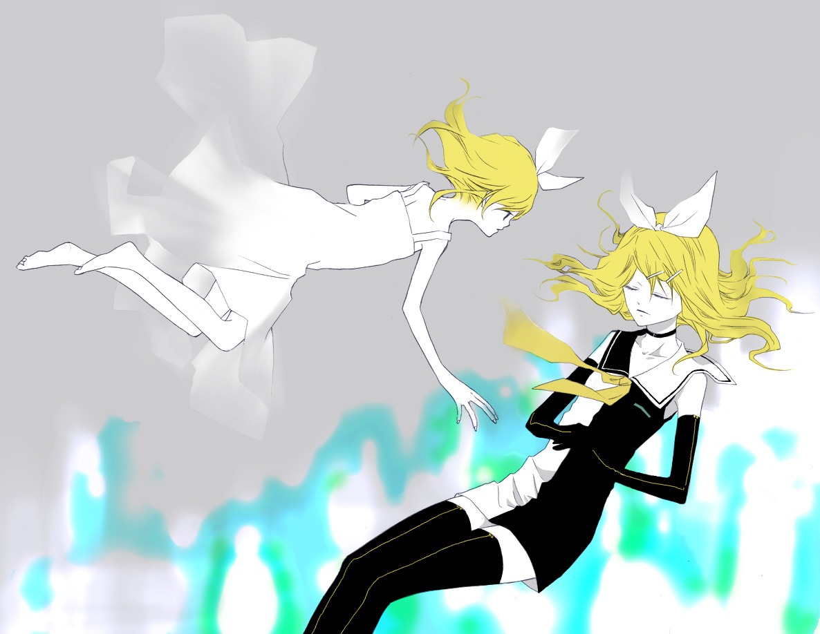 naoto (tulip), kagamine rin, kagamine rin (roshin yuukai), roshin yuukai (vocaloid), vocaloid, bad id, bad pixiv id, 2girls, boots, dress, dual persona, multiple girls, sailor dress, thigh boots, thighhighs