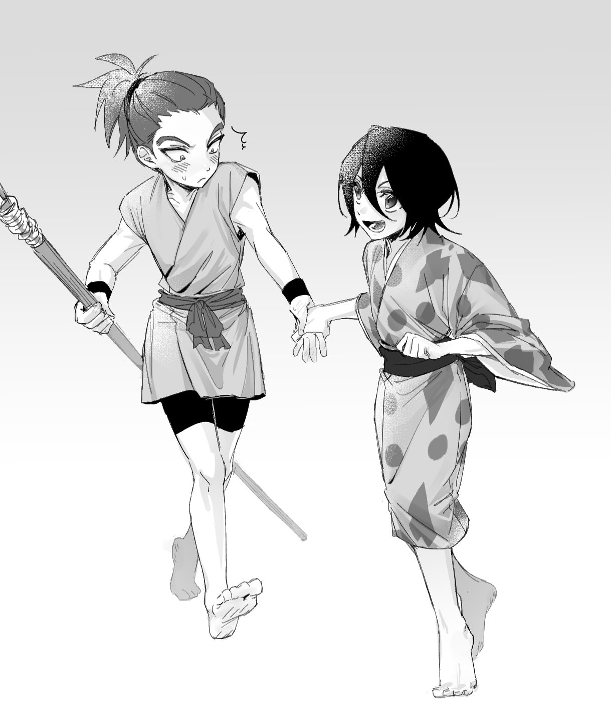 dz sk7170, abarai renji, kuchiki rukia, bleach, highres, 1boy, 1girl, barefoot, black hair, black shorts, blush, flat chest, frown, full body, gradient background, greyscale, hair between eyes, hetero, holding hands, japanese clothes, looking at another, monochrome, open mouth, ponytail, short hair, shorts, smile, sweatdrop, wide sleeves